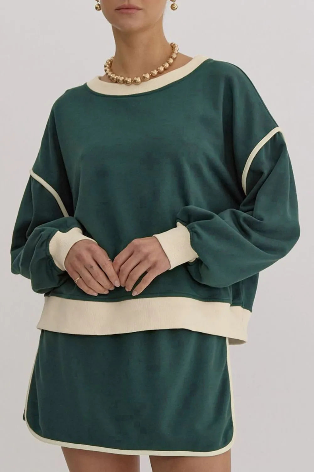 Contrast Trim Round Neck Top and Skort Set.