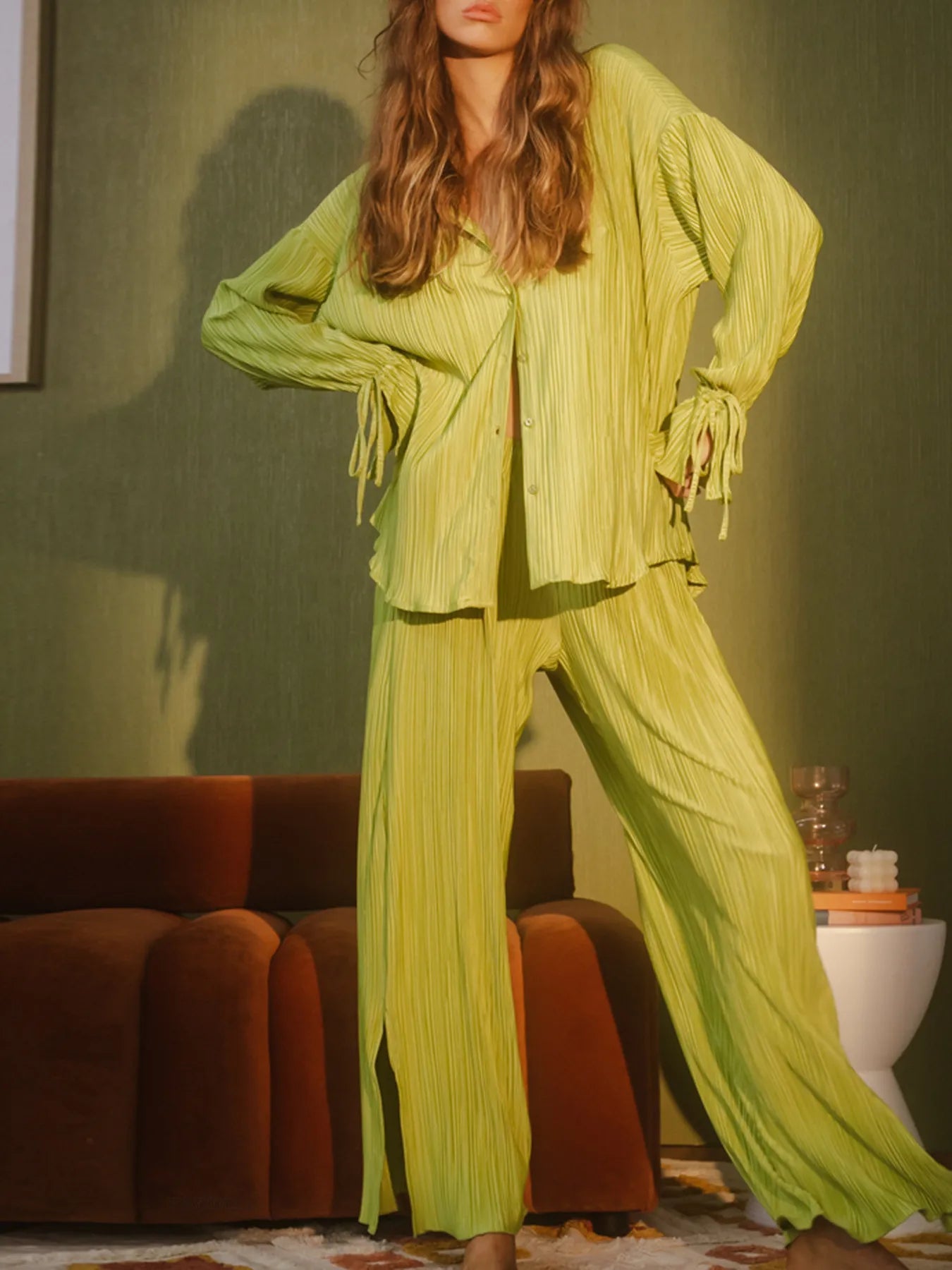 Button Up Long Sleeve Top and Pants Set.