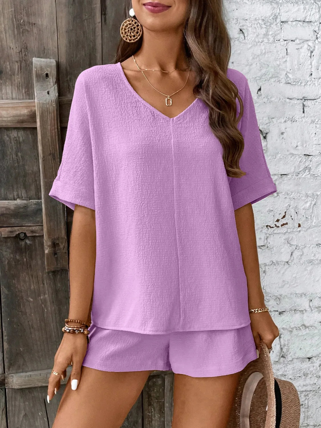 V-Neck Half Sleeve Top and Shorts women Set - CHIC TB