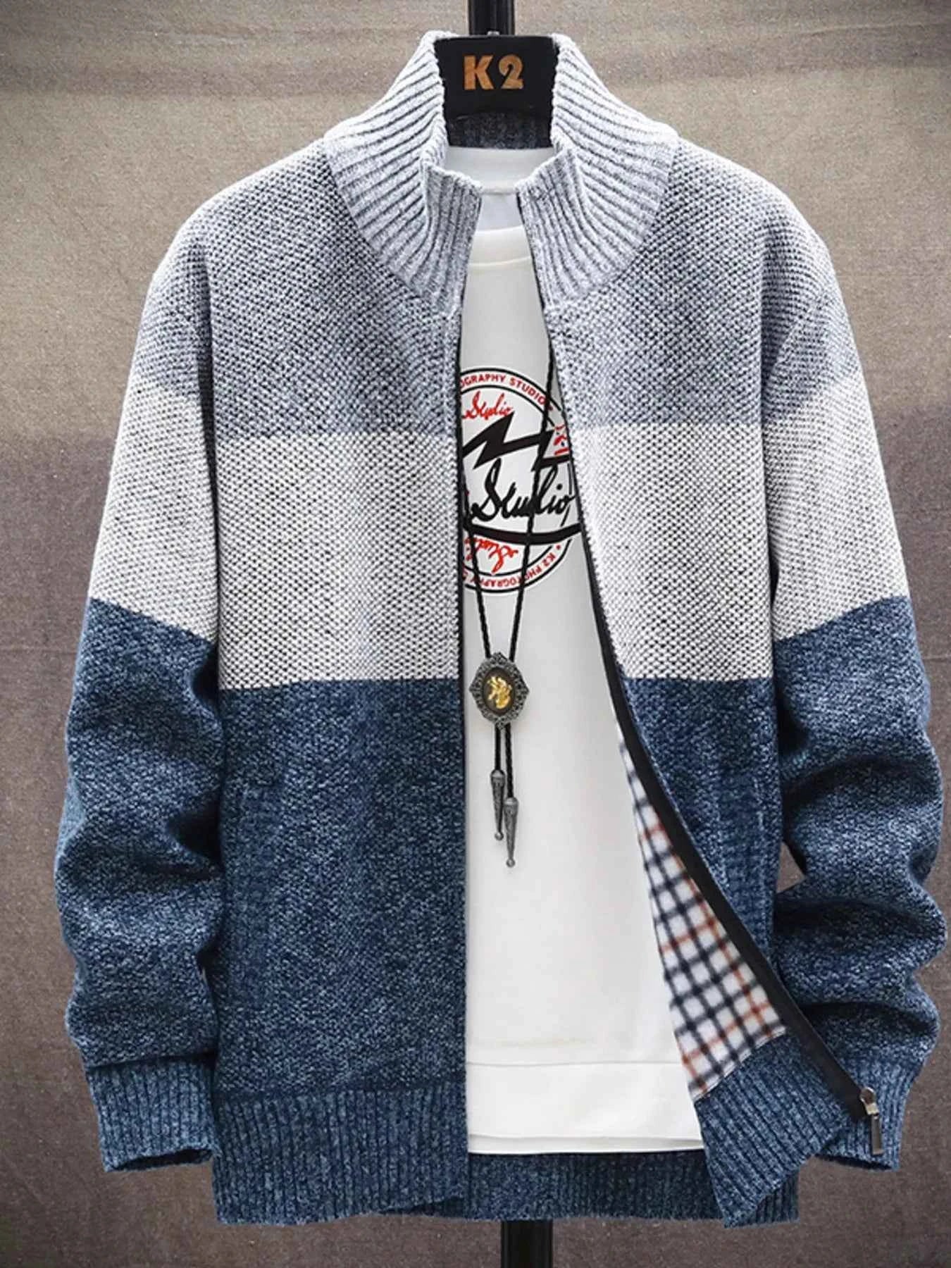 Men's Plus Size Color Block Zip Up Cardigan