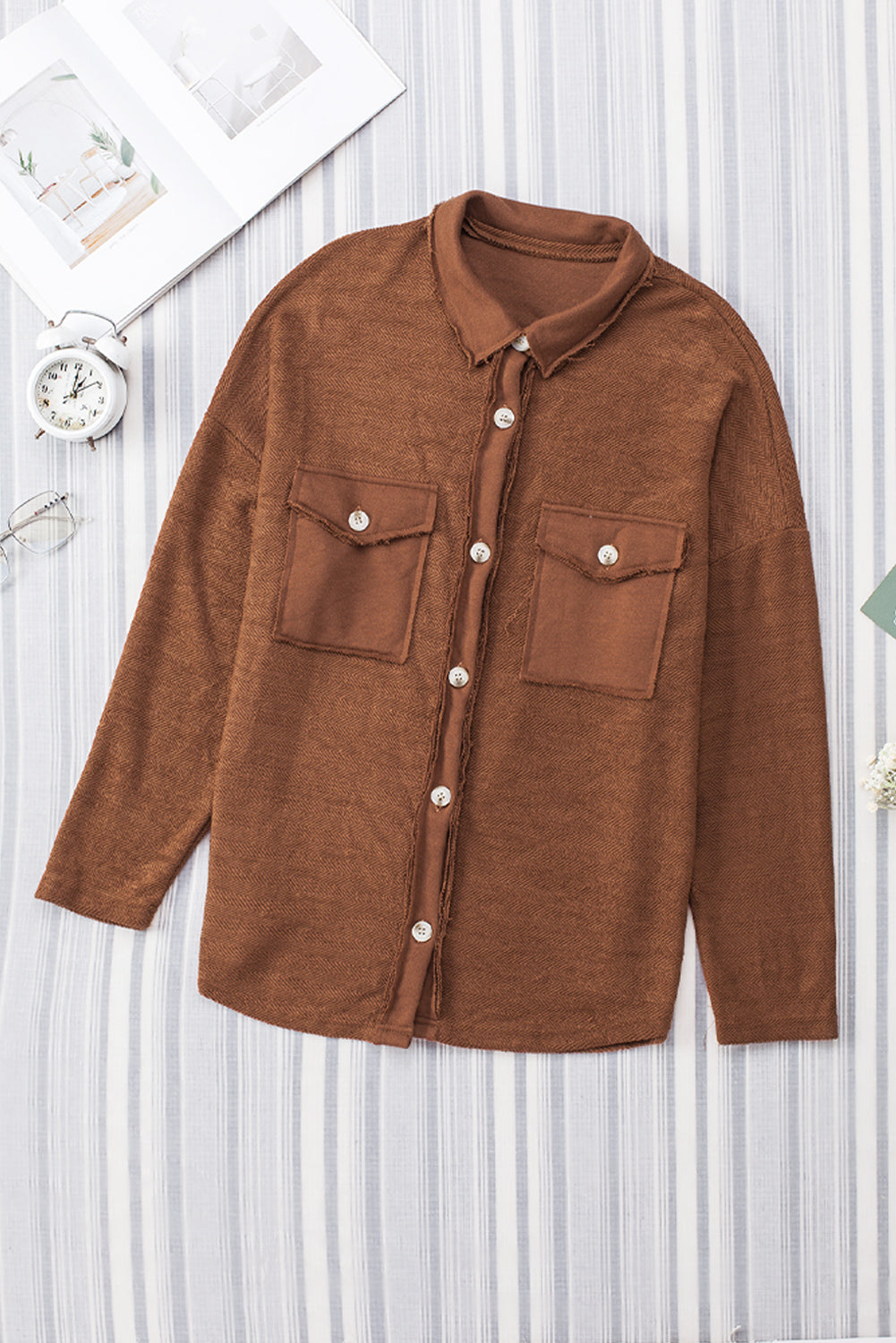 Brown Contrast Flap Pockets Relaxed Shacket Dear-Lover Dropshipping