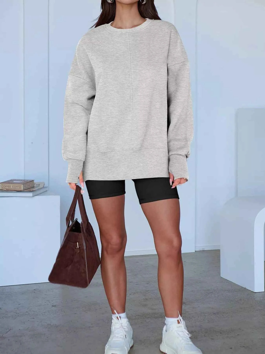 Side Slit Round Neck Long Sleeve Sweatshirt