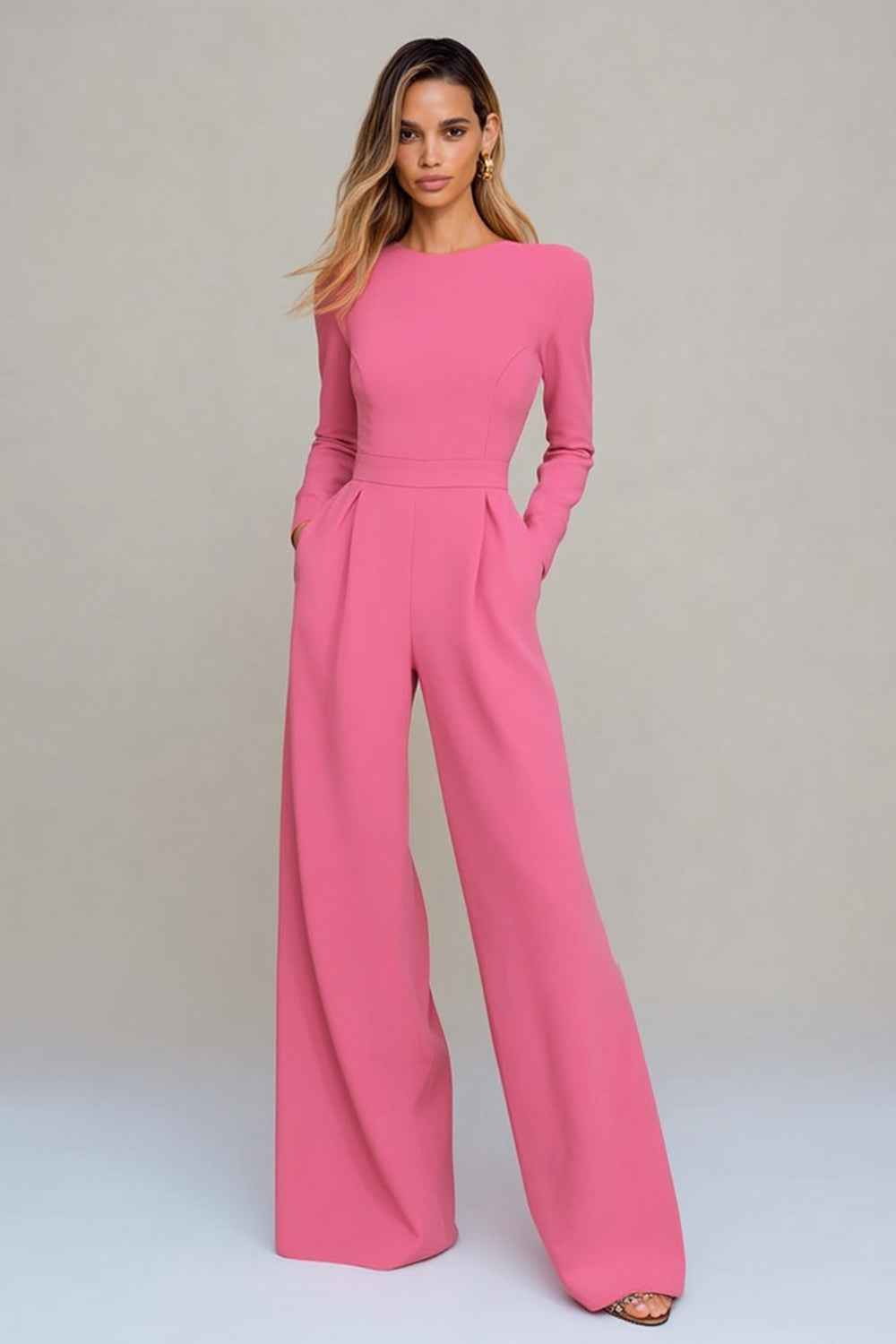 Round-neck Long-sleeved Waist-cinching Jumpsuit For A Chic Professional Look