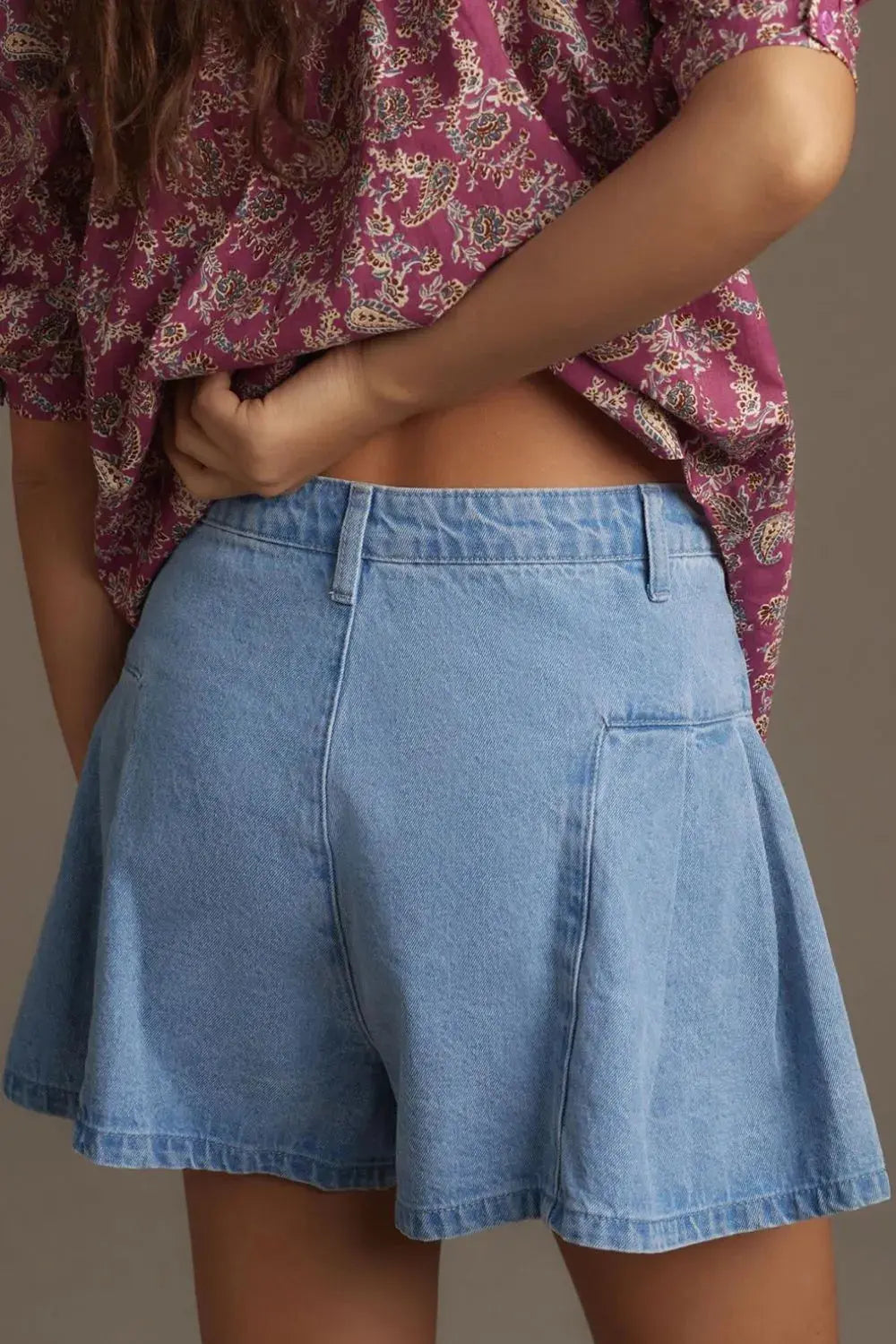 Pleated Patchwork Panel Lightweight Denim Shorts.