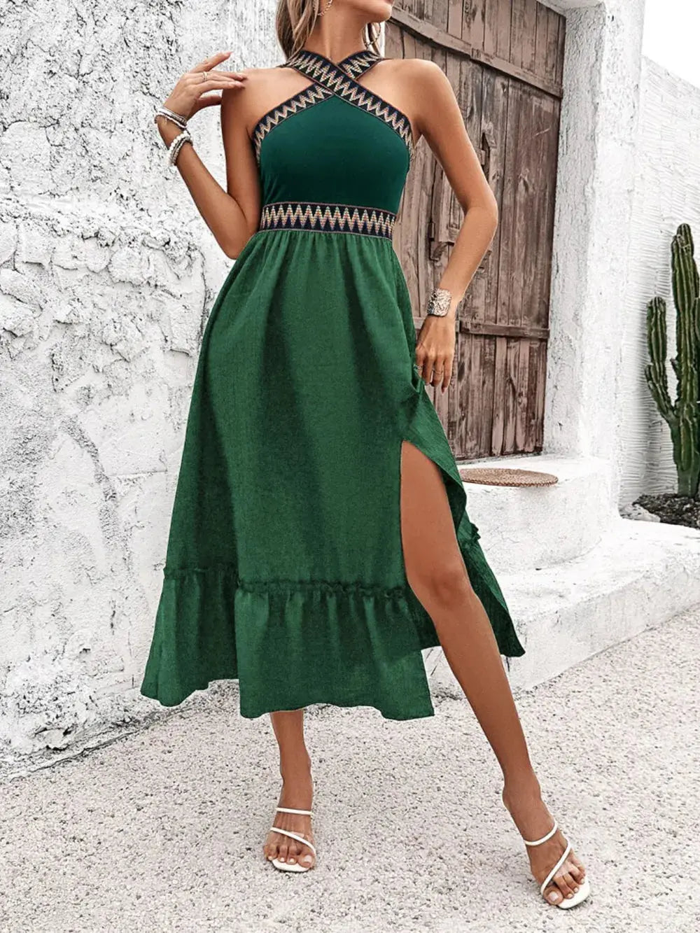 Devine Ruffled Slit Sleeveless Midi Dress.