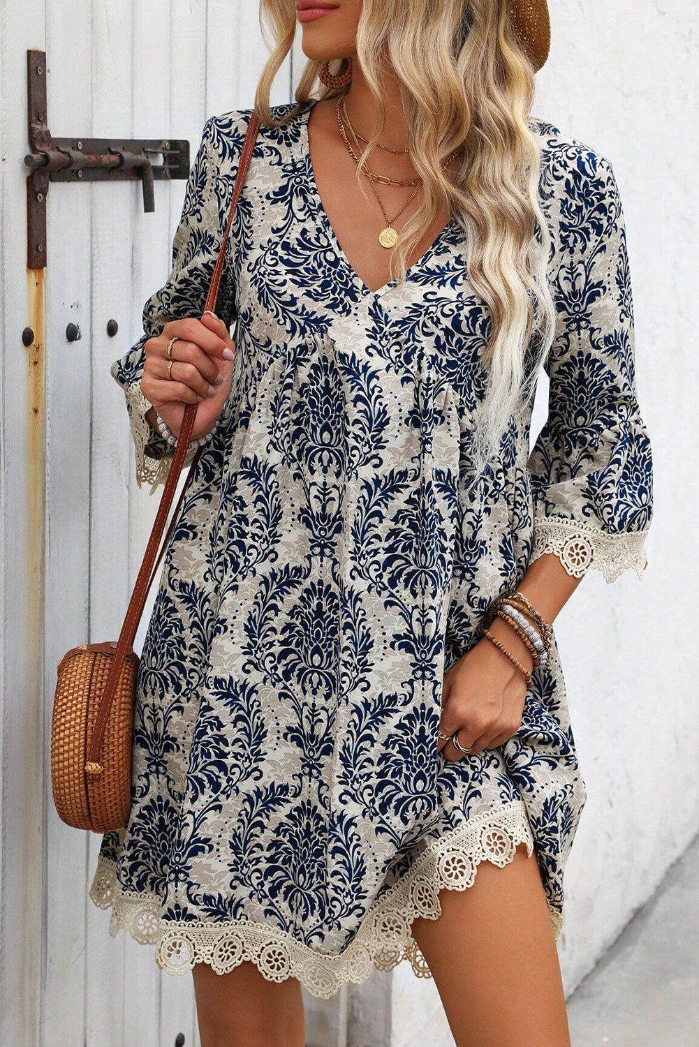 Sky Blue Vintage Printed Lace Trim V Neck 3/4 Sleeve Loose Dress Dear-Lover Dropshipping