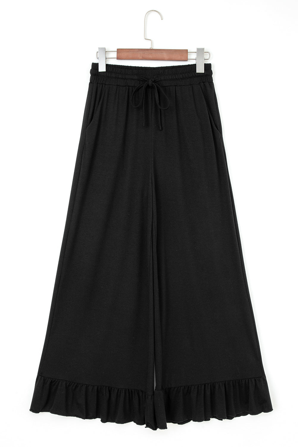 Black Ruffled Wide Leg Pull On High Waist Pants with Pockets Dear-Lover Dropshipping