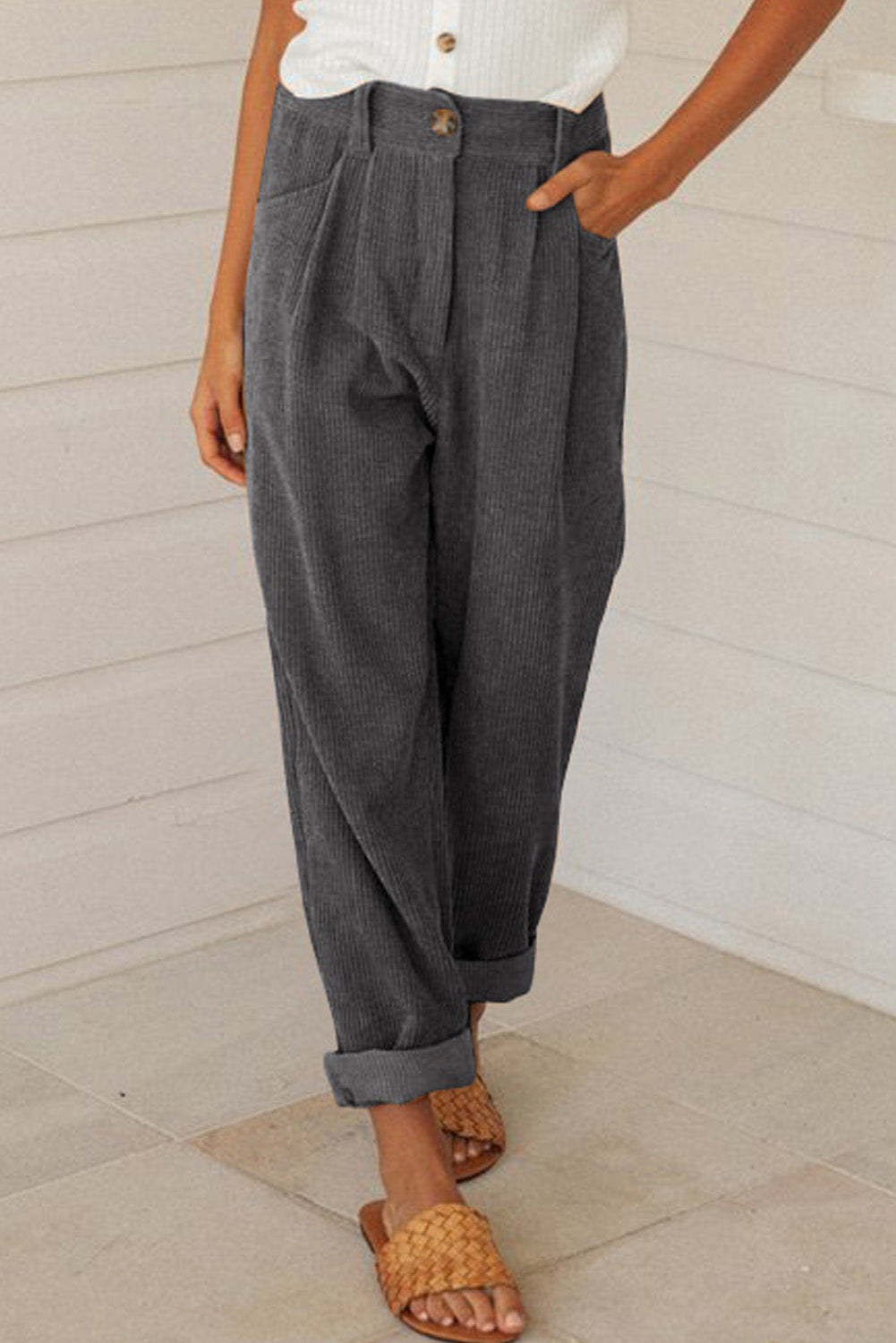 Gray Corduroy High Waist Straight Leg Pants Dear-Lover Dropshipping