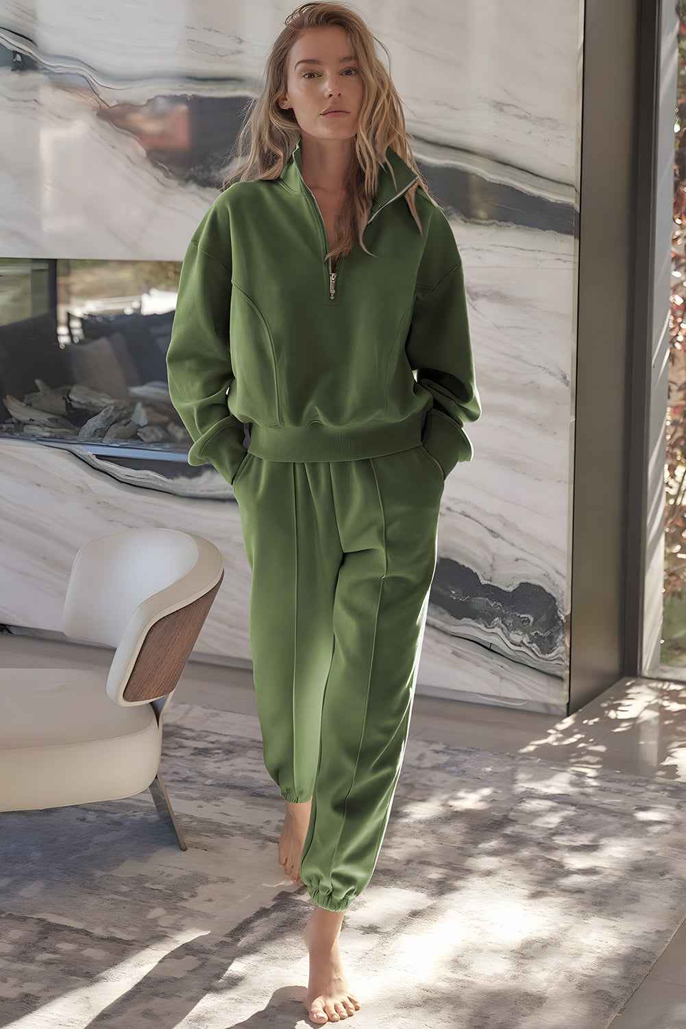 Vineyard Green Half Zip up Pullover Active Top and Joggers Set
