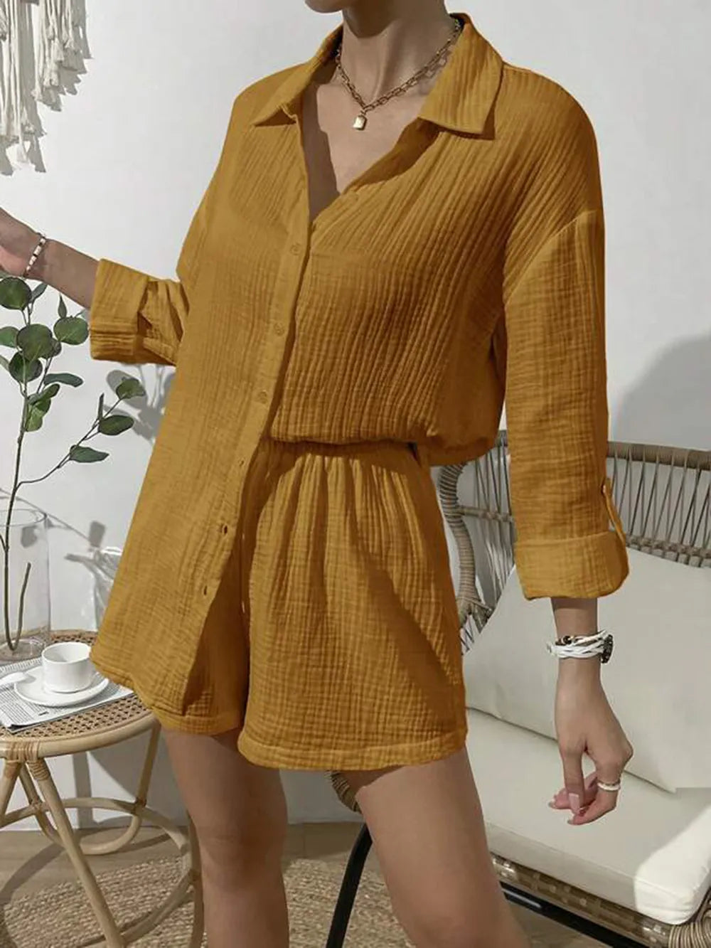 Dropped Shoulder Button Up Top and Elastic Waist Shorts Set - CHIC TB