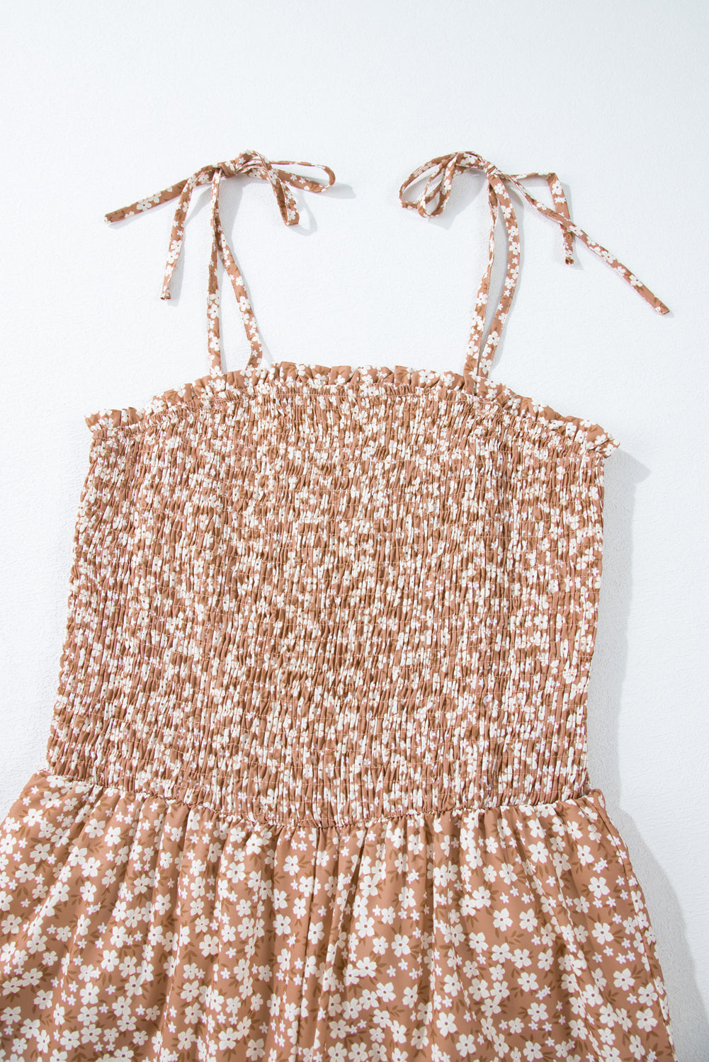 Khaki Thin Straps Smocked Bodice Wide Leg Floral Jumpsuit Dear-Lover Dropshipping