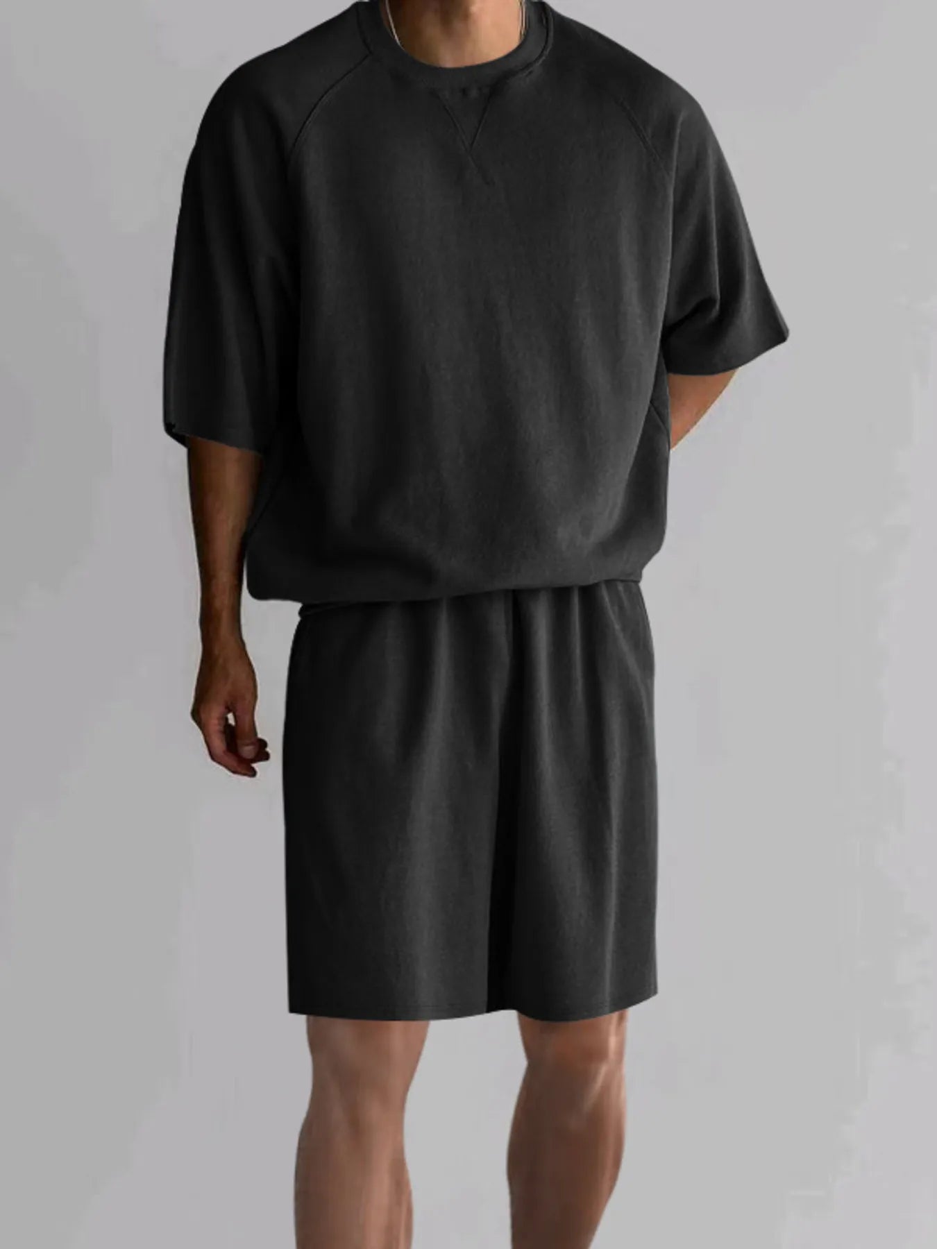 Men's Full Size Round Neck Top and Shorts Set Plus Size.