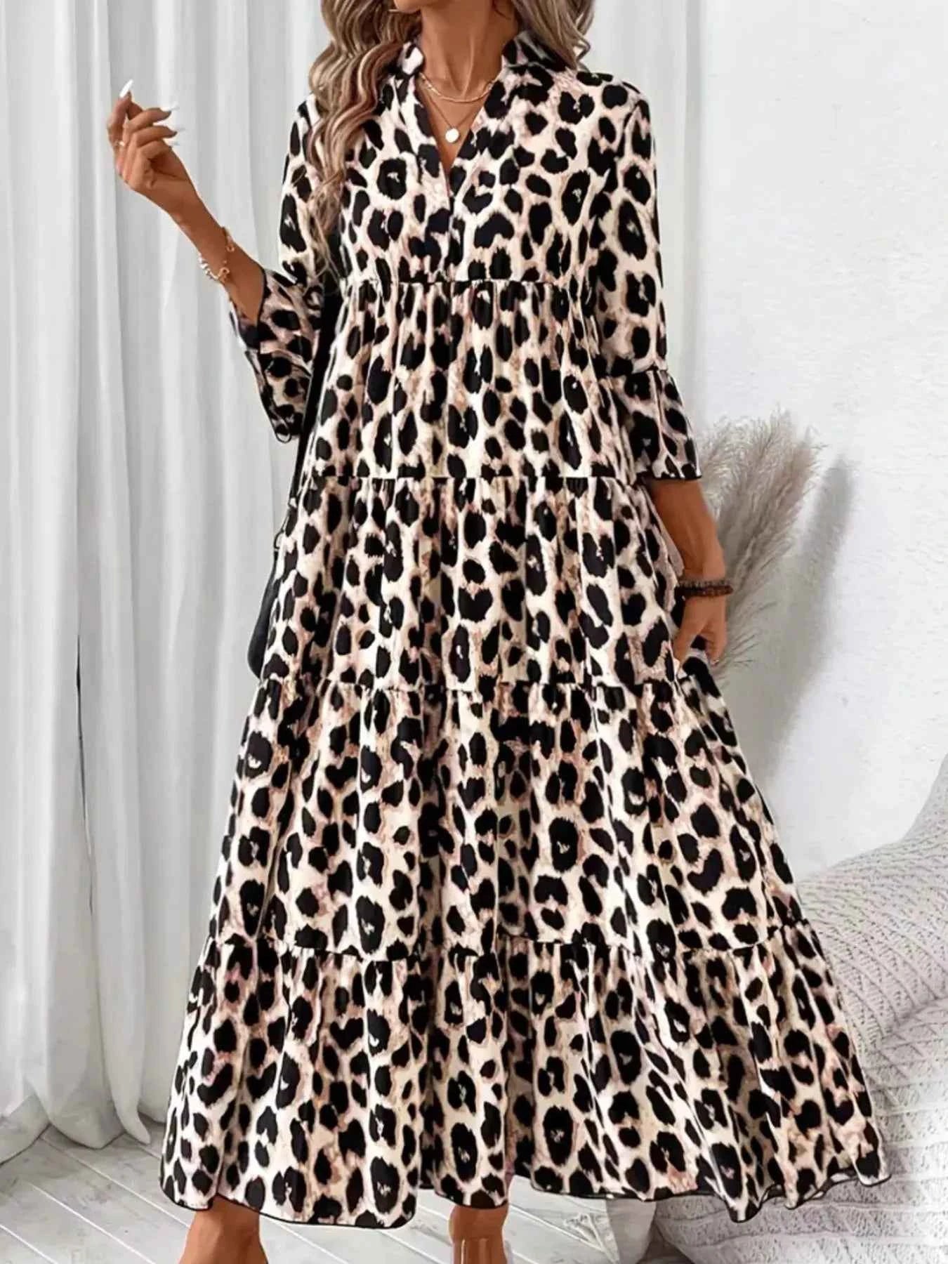 Leopard 3/4 Sleeve Midi Dress