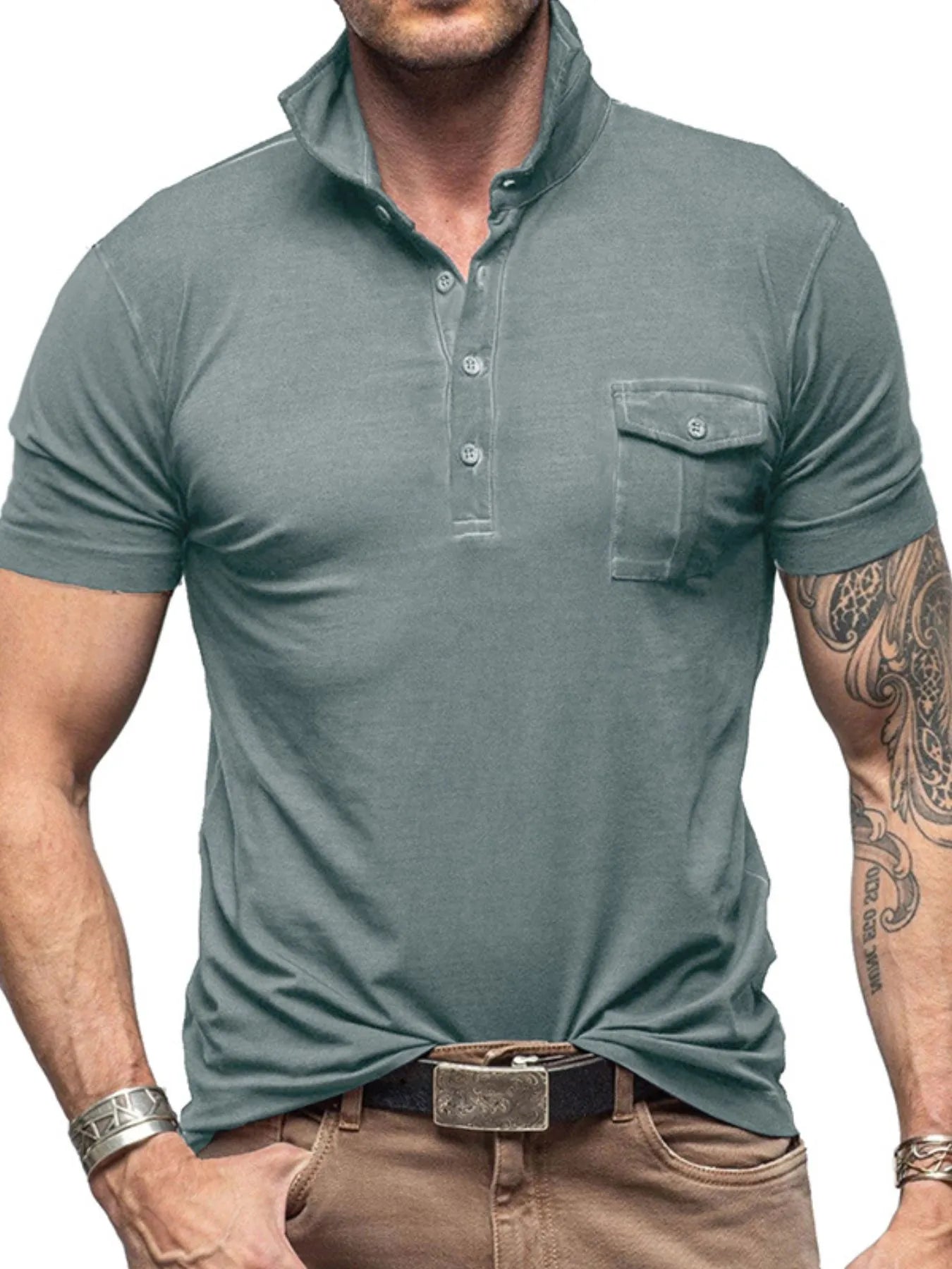 Men's Classic Pocket Polo Shirt with Stand Collar.