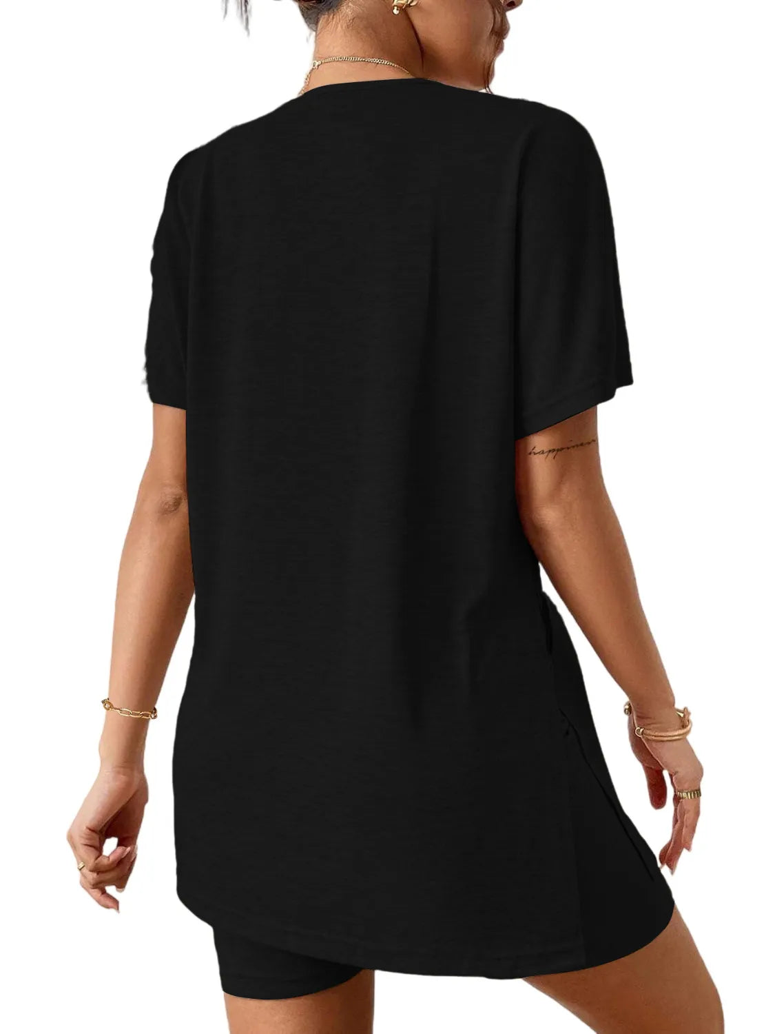 Slit Round Neck Short Sleeve Oversized Top and Shorts Set.