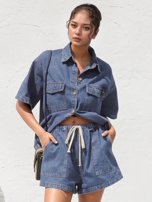 Button Up Top and Shorts Denim Set - CHIC TB