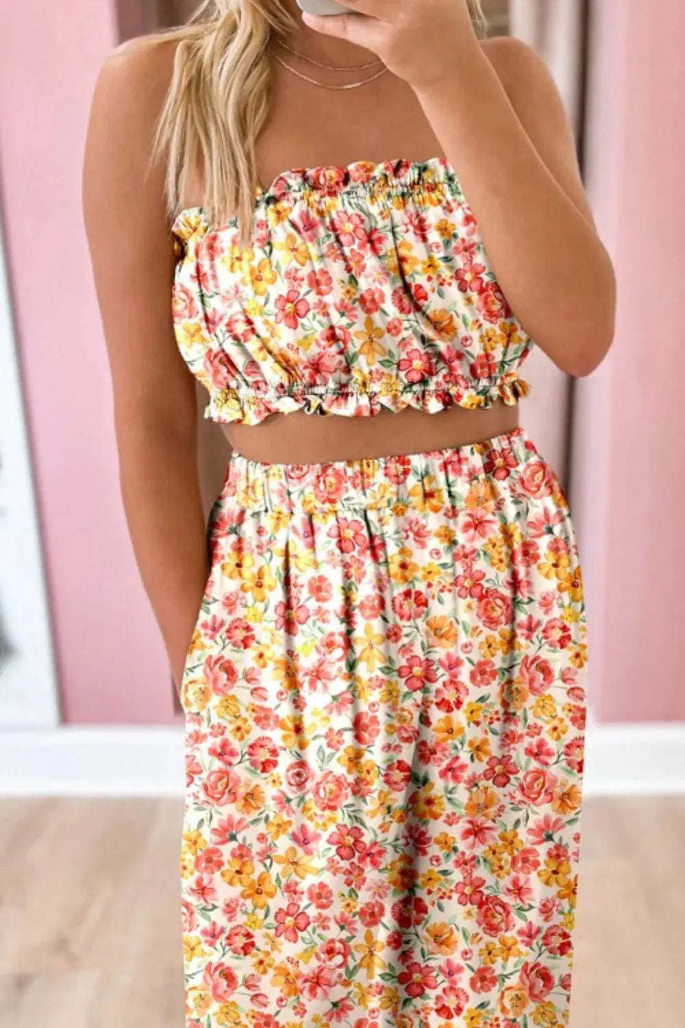 Boho Floral Bandeau Top and High Waist Wide Leg Pants Set.
