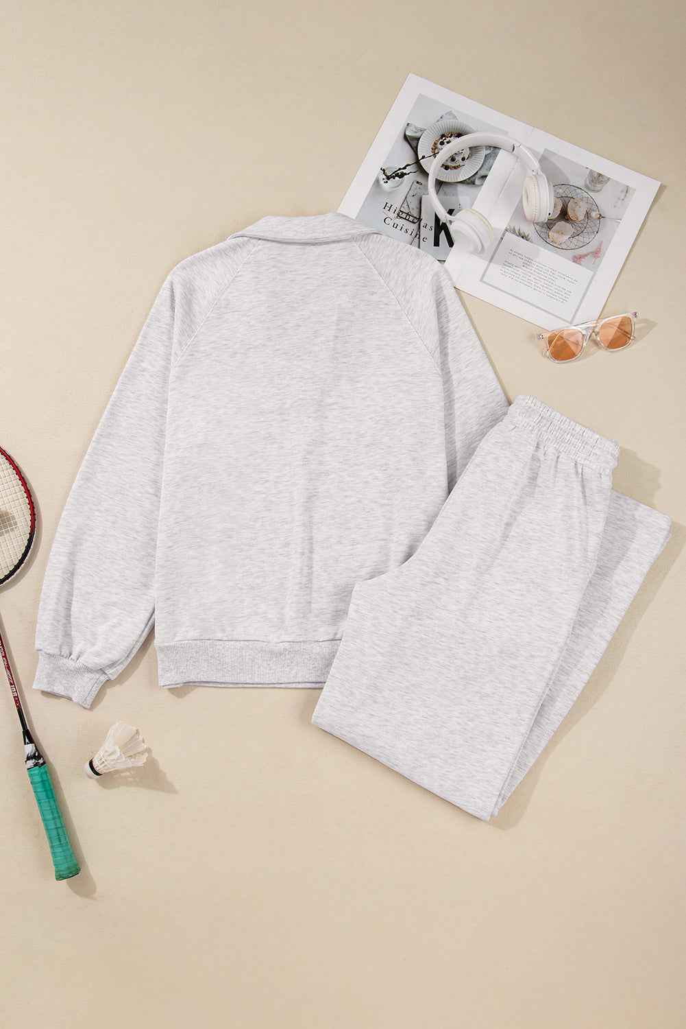 Light Grey Polo Collar V Neck Pullover and Drawstring Sweatpants Set