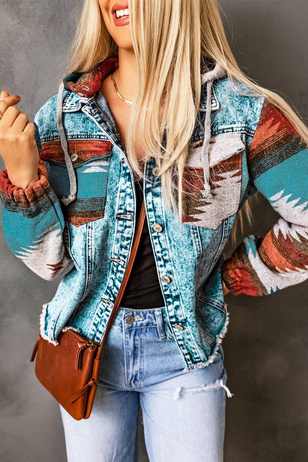 Multicolor Aztec Print Frayed Hem Denim Jacket Dear-Lover Dropshipping