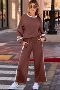 Chestnut Varsity Stripe Patchwork Puff Sleeve Pullover Drawstring Wide Leg Pant Set