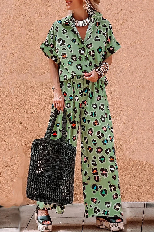 Leopard Collared Neck Top and Pants Set - CHIC TB