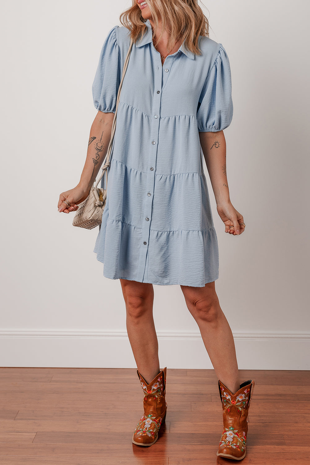 Beau Blue Shirt Collar Button Up Short Puff Sleeve Tiered Shift Dress Dear-Lover Dropshipping