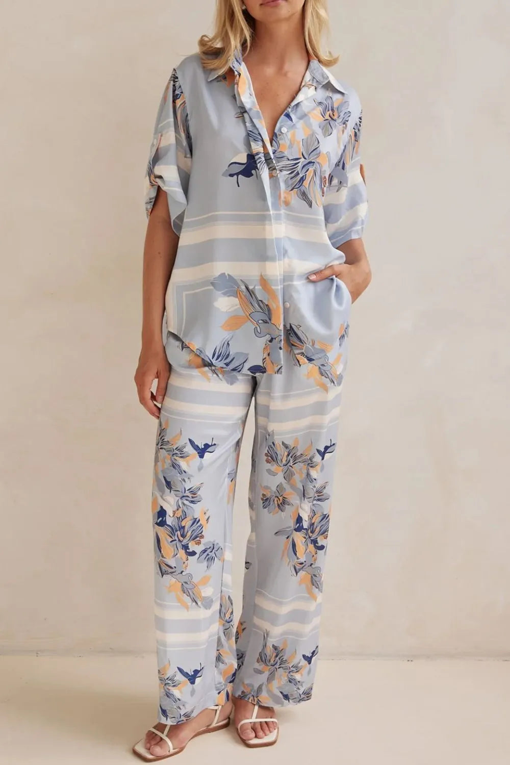 Printed Button Up Shirt and Pants Set - CHIC TB