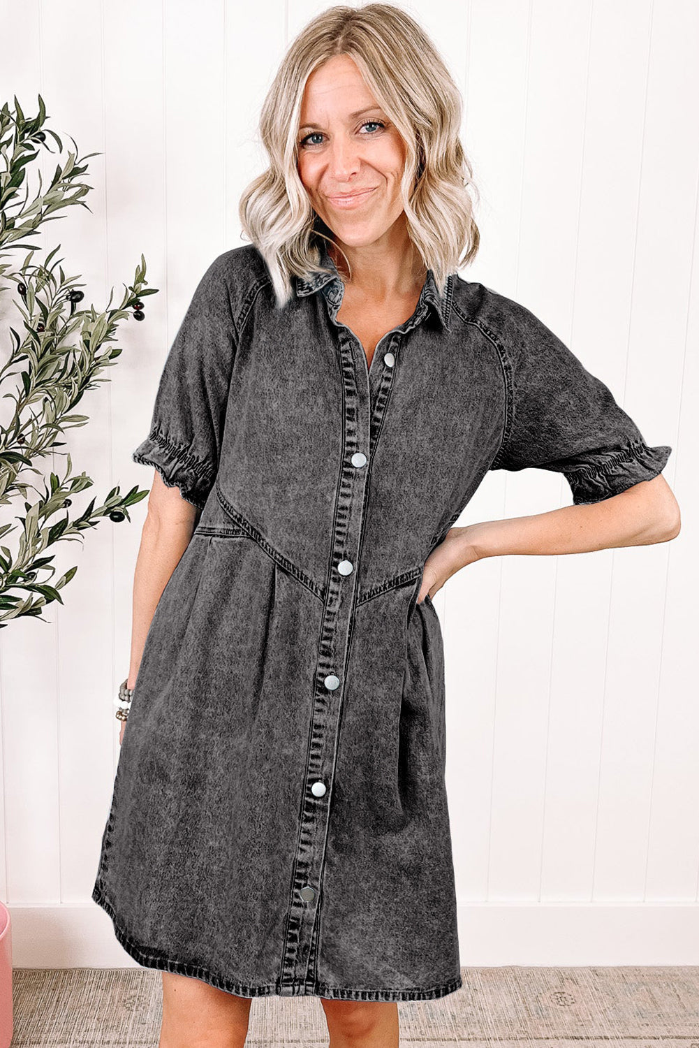 Medium Grey Mineral Wash Ruffled Short Sleeve Buttoned Denim Dress Dear-Lover Dropshipping