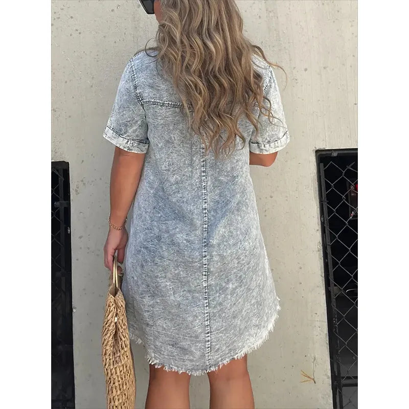 Full Size Raw Hem Short Sleeve Denim Dress Plus Size.