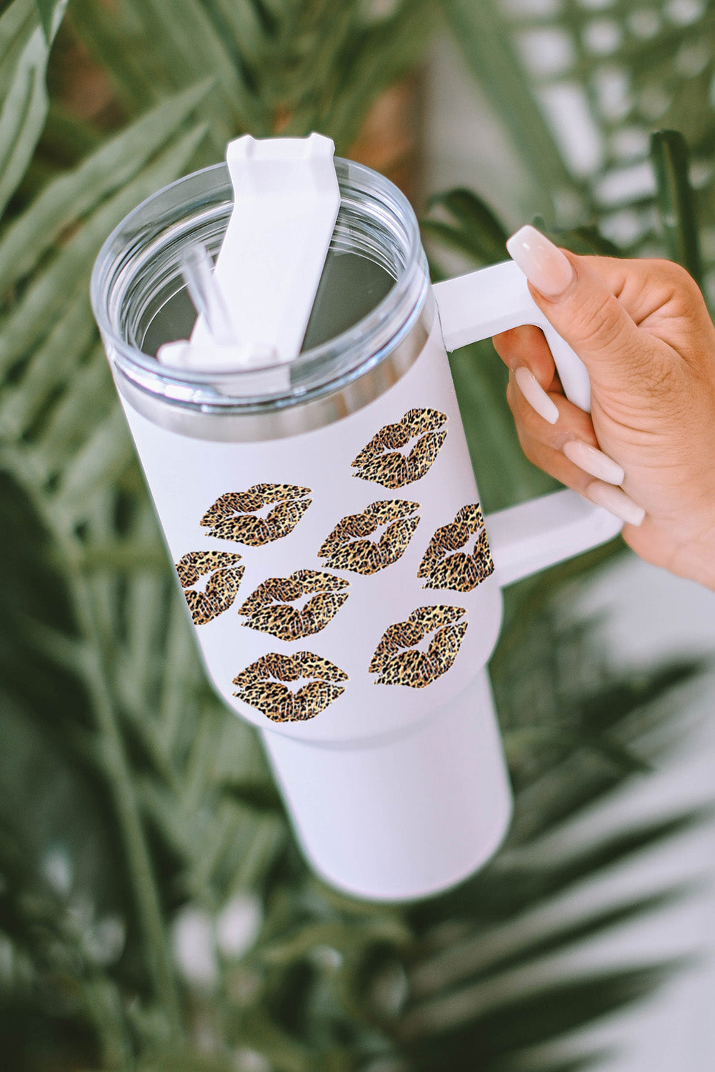 White Valentine Leopard Lips Print Thermos Cup with Straw 40oz Dear-Lover Dropshipping