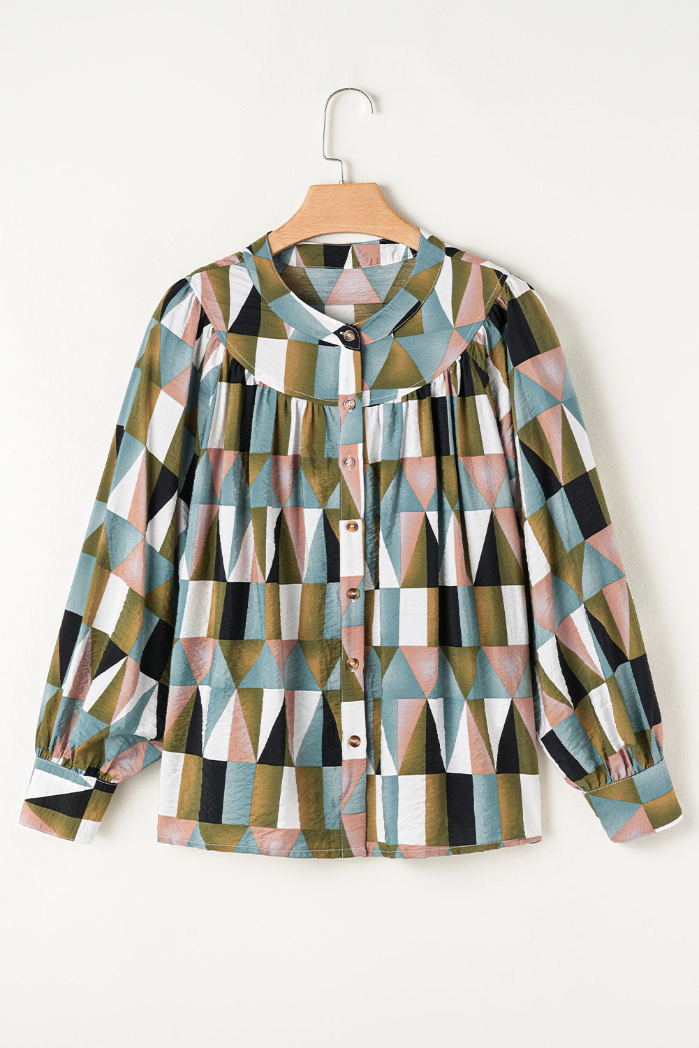 Green Geometric Print Buttoned Balloon Sleeve Loose Fit Shirt Dear-Lover Dropshipping