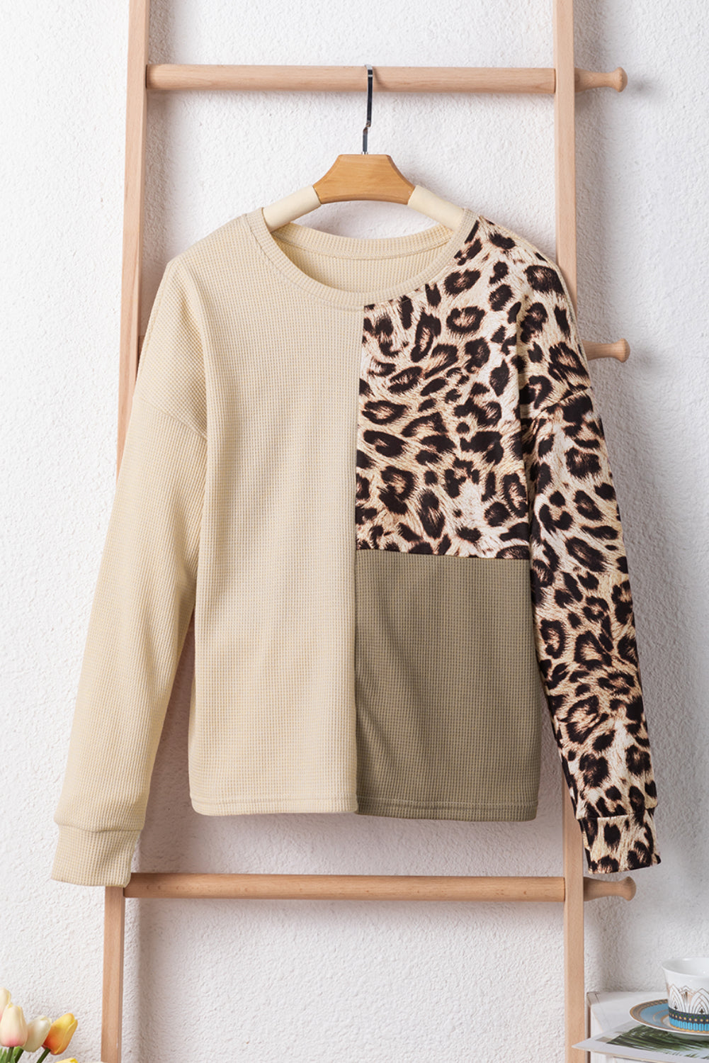 Pale Khaki Leopard Colorblock Waffle Knit Top Dear-Lover Dropshipping