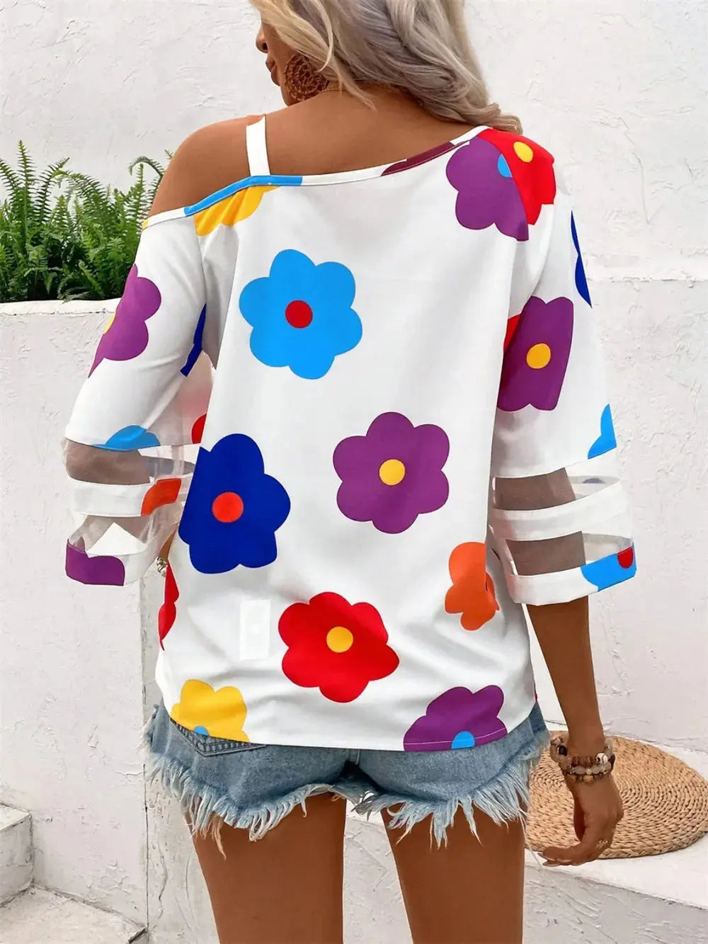 Flower Asymmetrical Neck Blouse.
