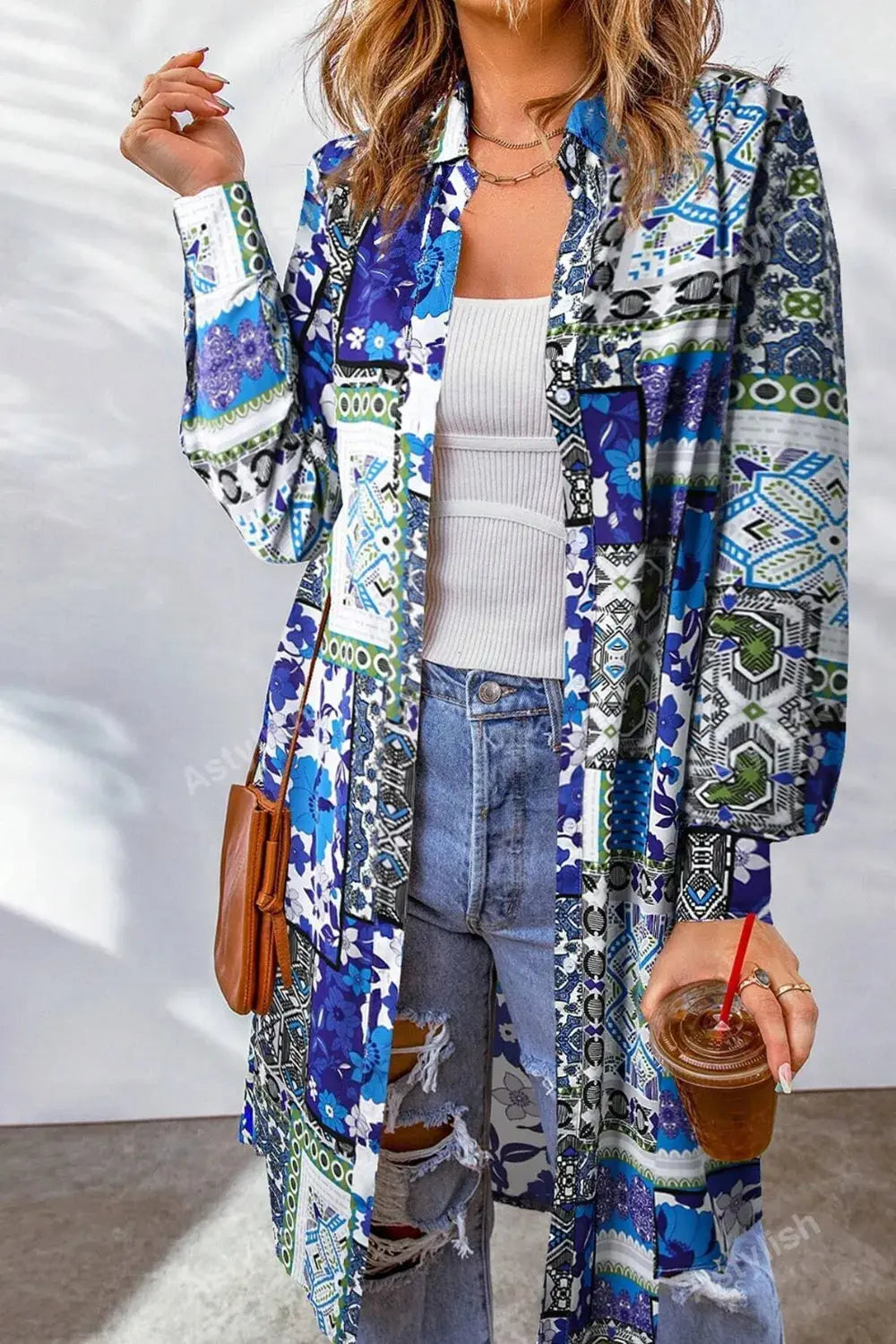 Printed Button Up Long Sleeve Cardigan.