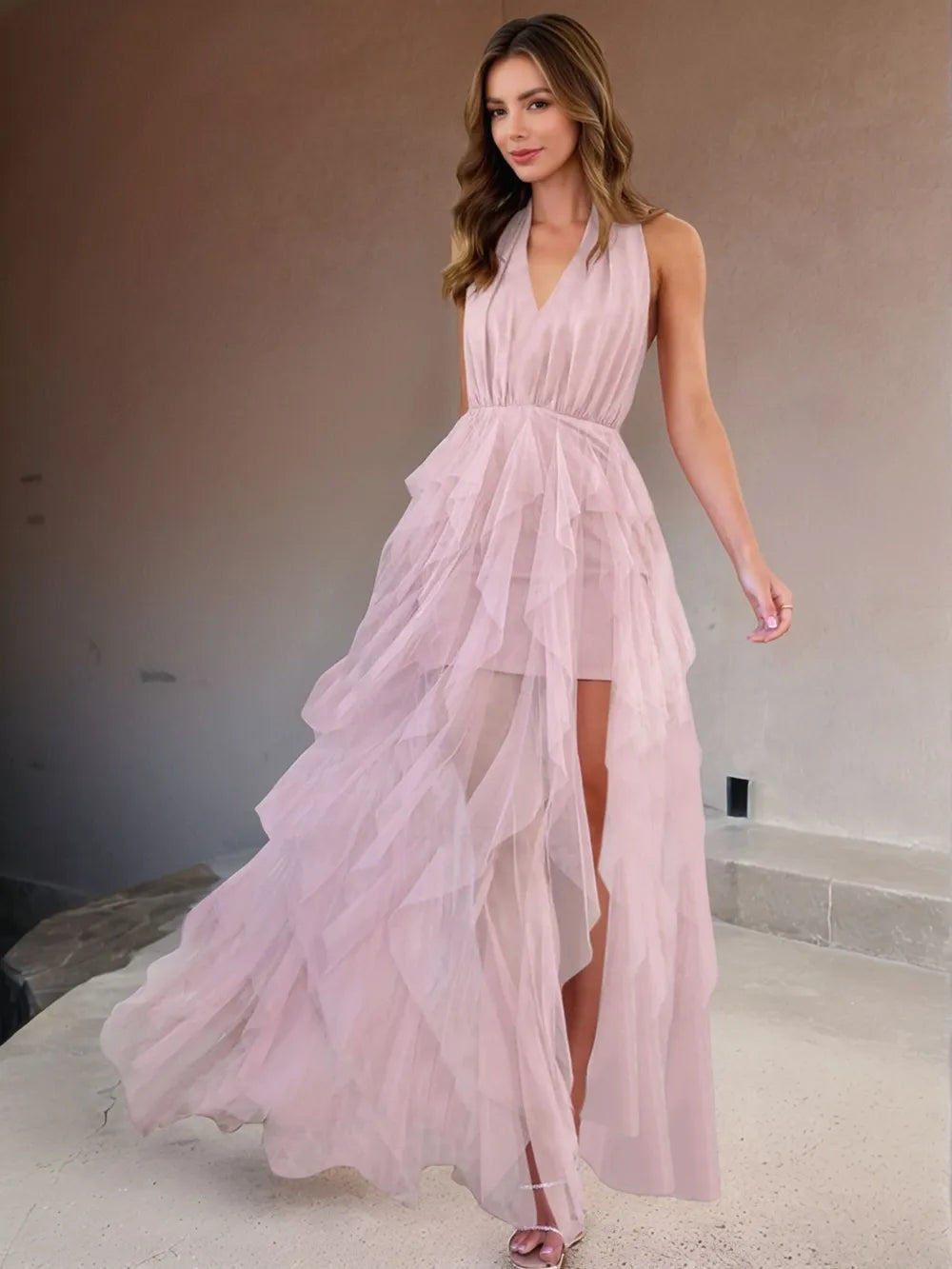 Halter Neck Irregular Mesh Dress.