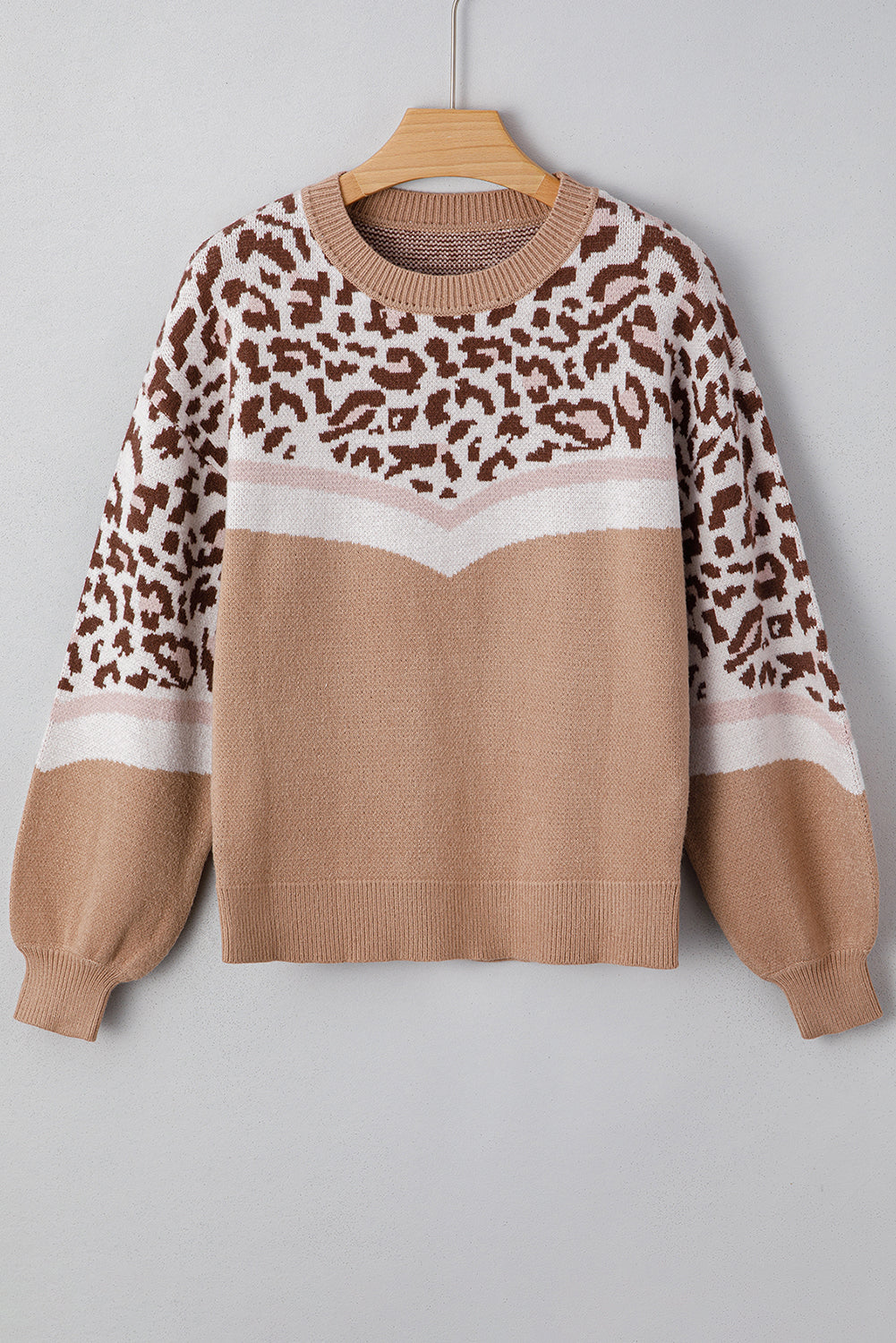 Straw Yellow Leopard Color Block Knit Round Neck Baggy Sweater Dear-Lover Dropshipping