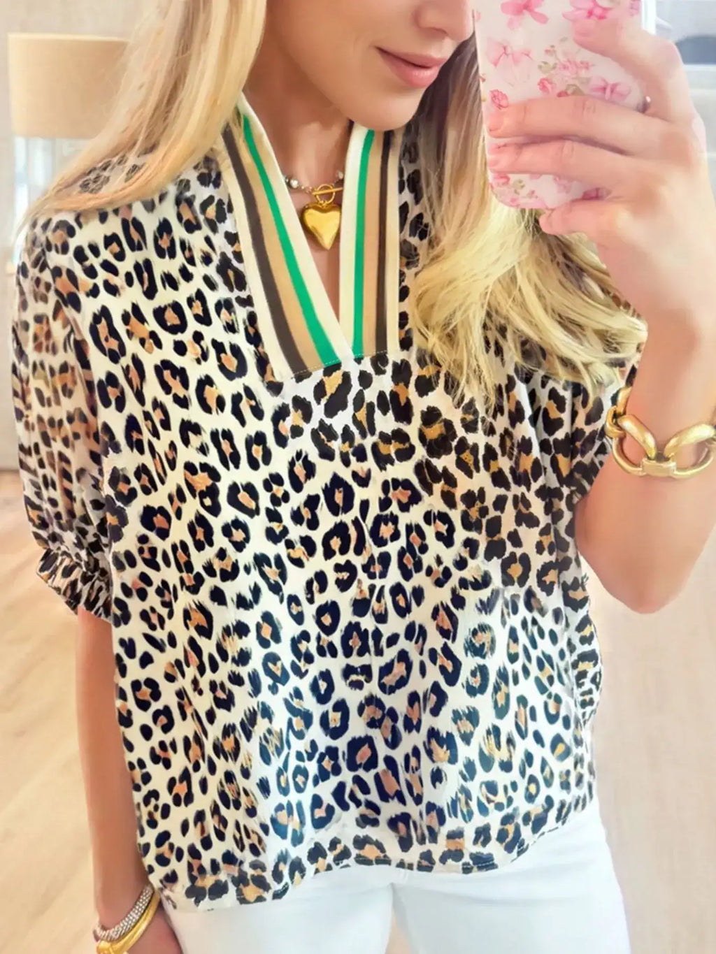 Leopard Print Notched Blouse with Striped Trim.