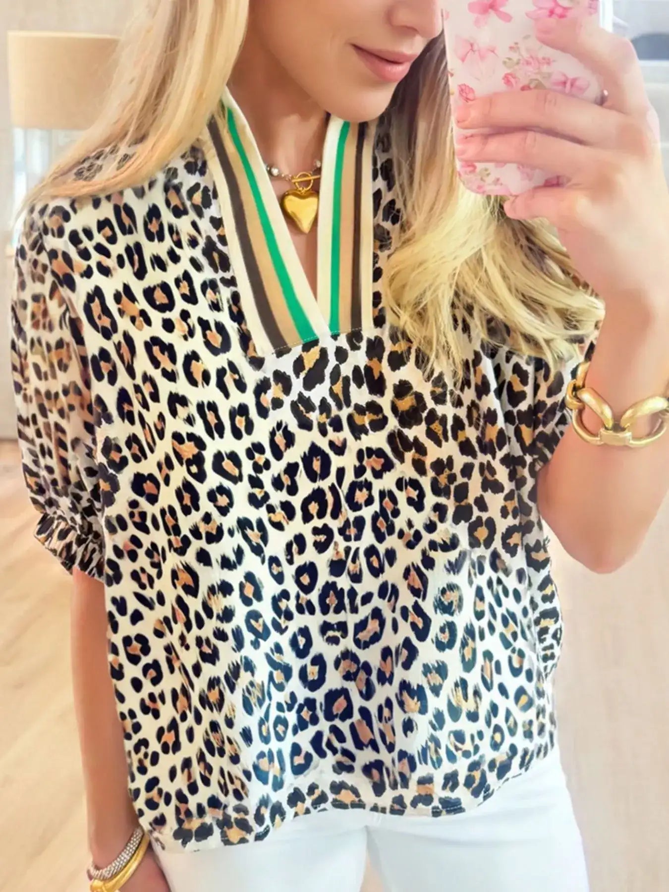 Leopard Print Notched Blouse with Striped Trim.