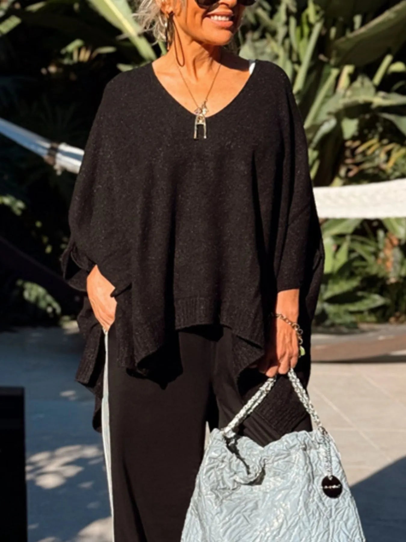 Ribbed Hem V-Neck Sweater.