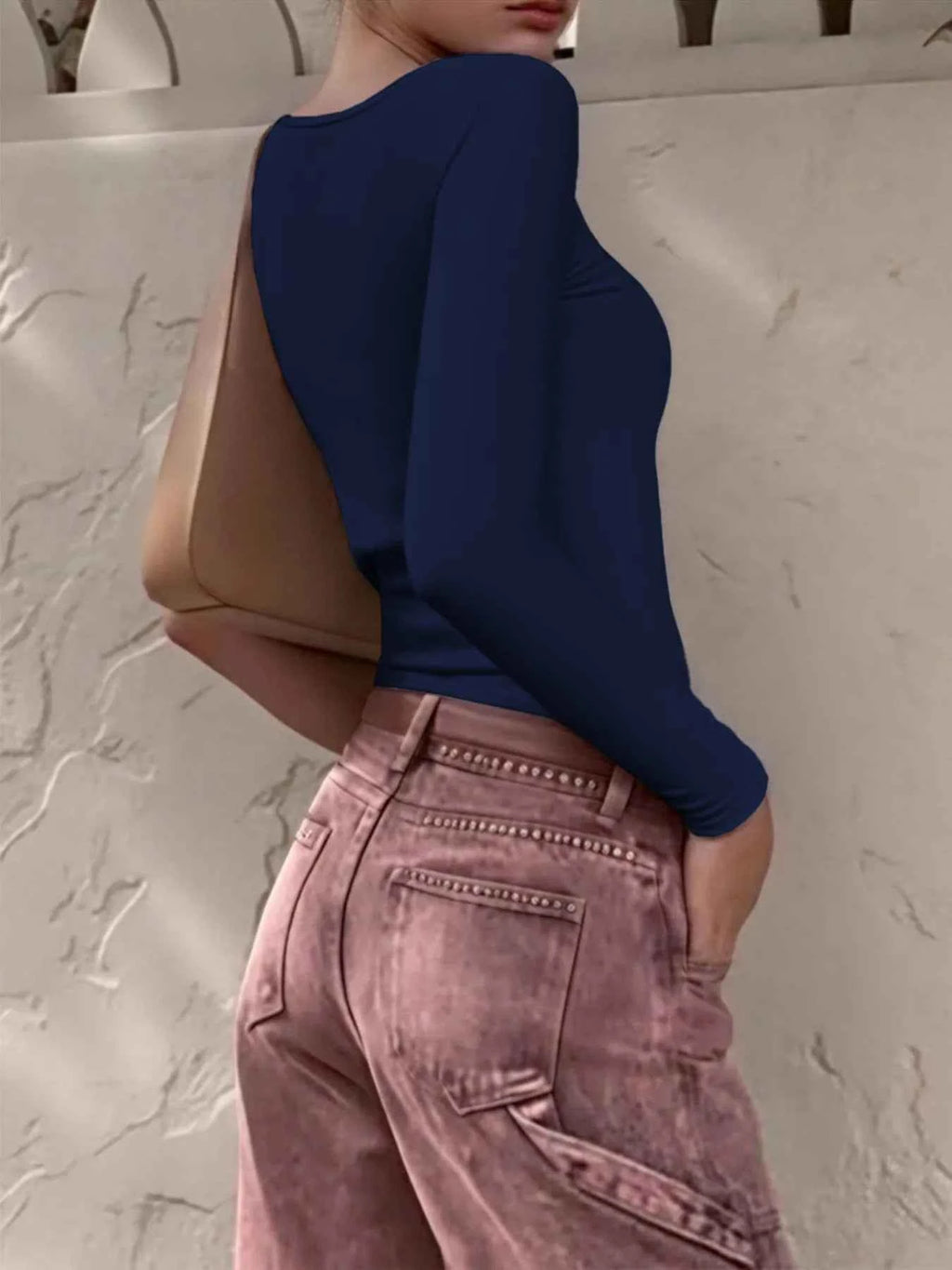 Long Sleeve Scoop Neck Fitted T-Shirt.