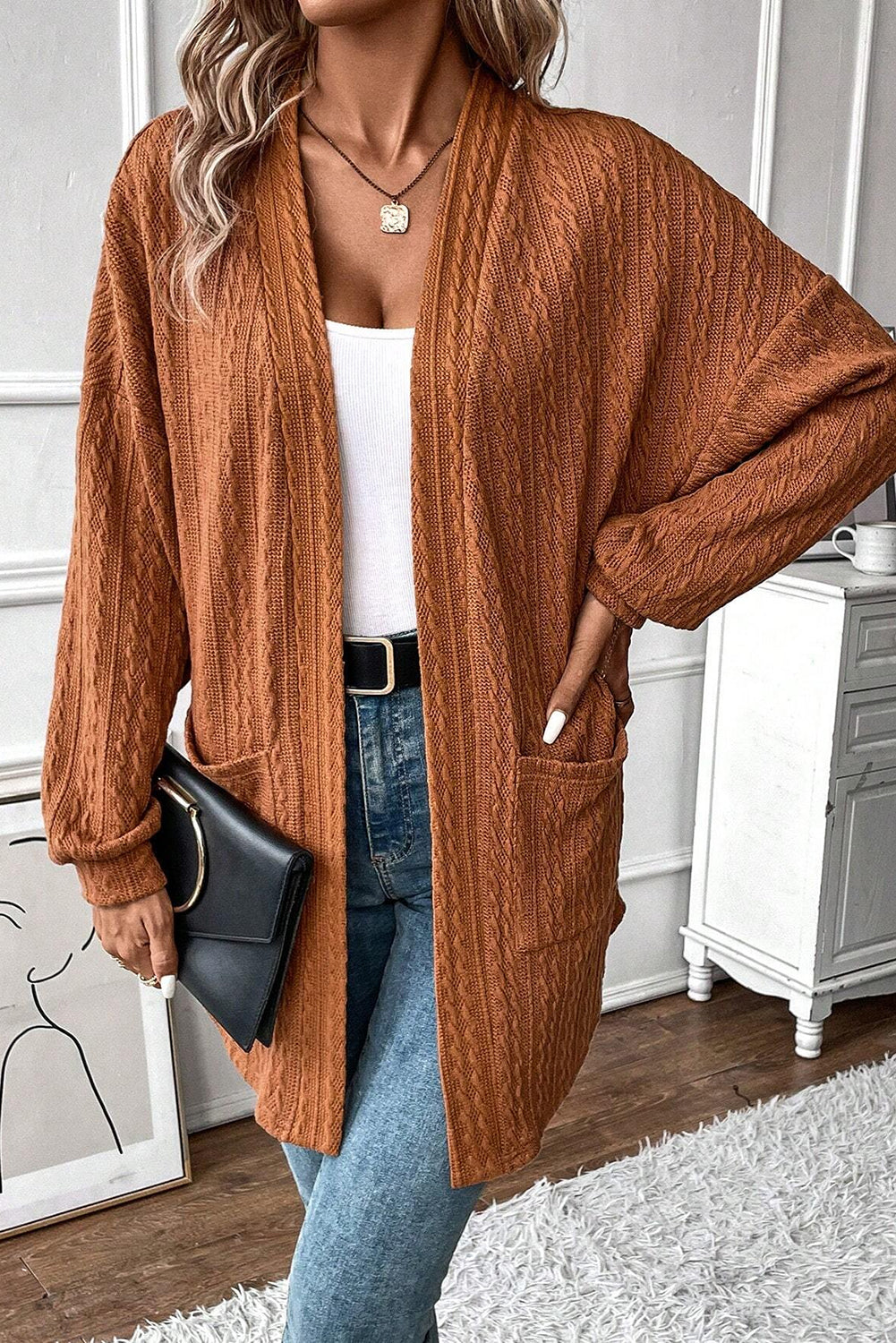 Chestnut Textured Knit Side Pockets Open Front Cardigan Dear-Lover Dropshipping