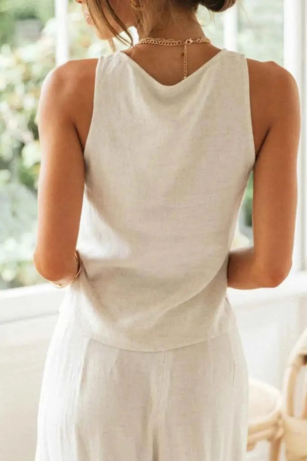 Drawstring V-Neck Tank and Pants Set.