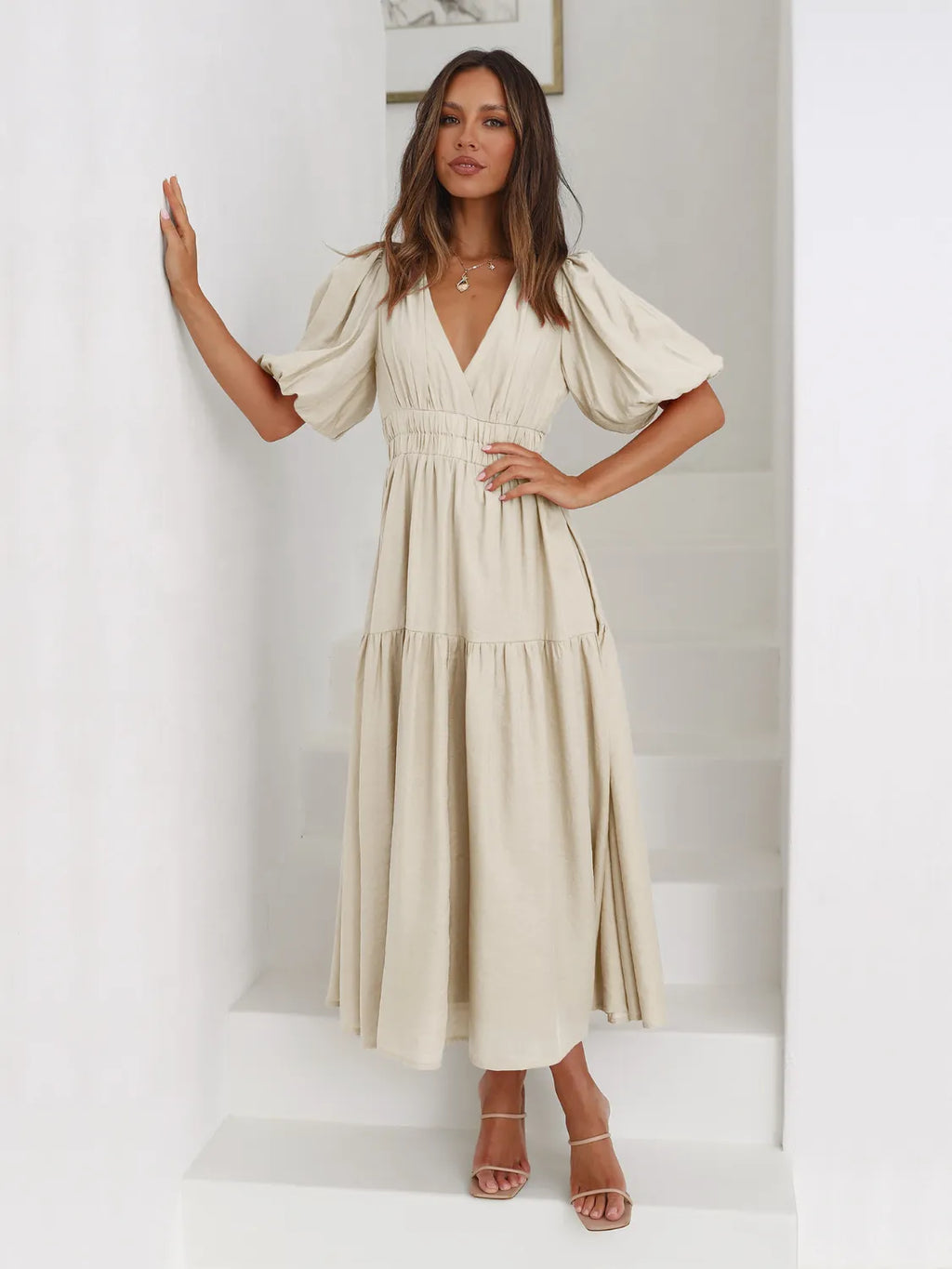 Tiered Surplice Half Sleeve Midi Dress.