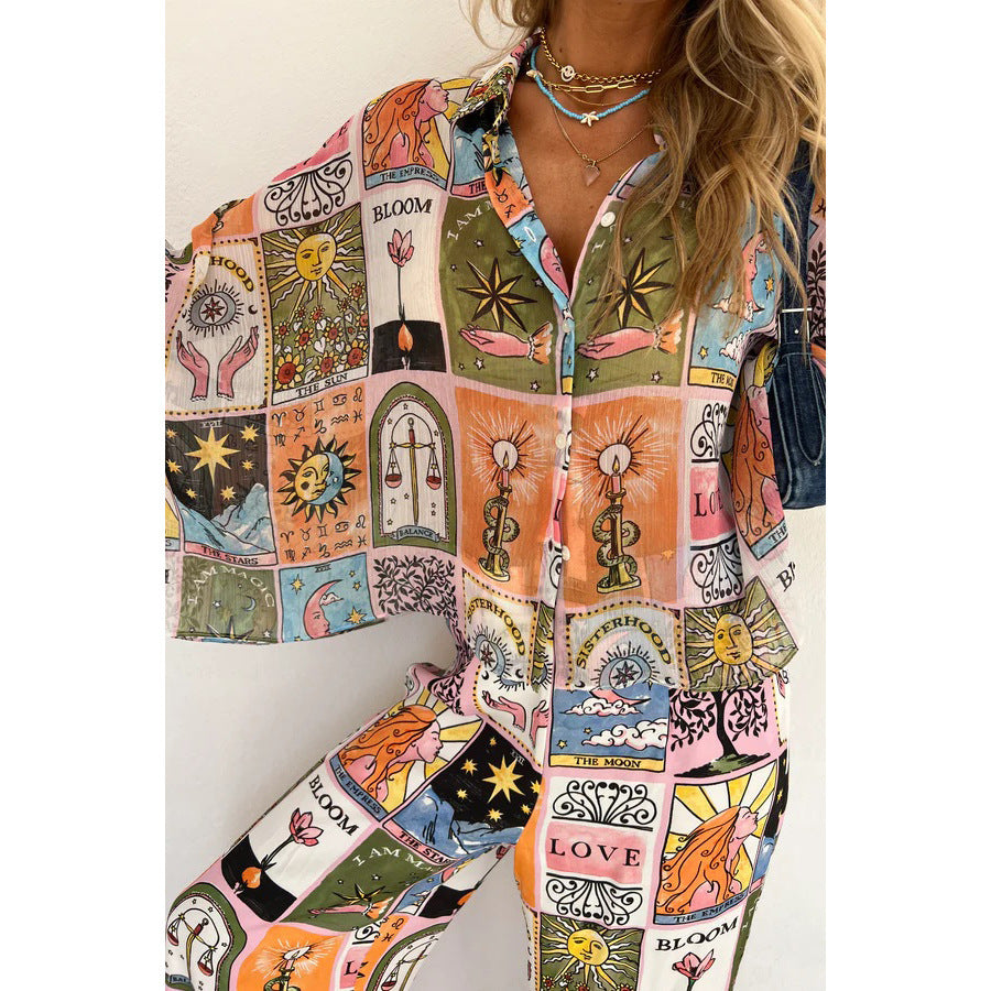 Batwing Sleeve Printed Loose Set INS Casual Home Long Pants Two-Piece Set
