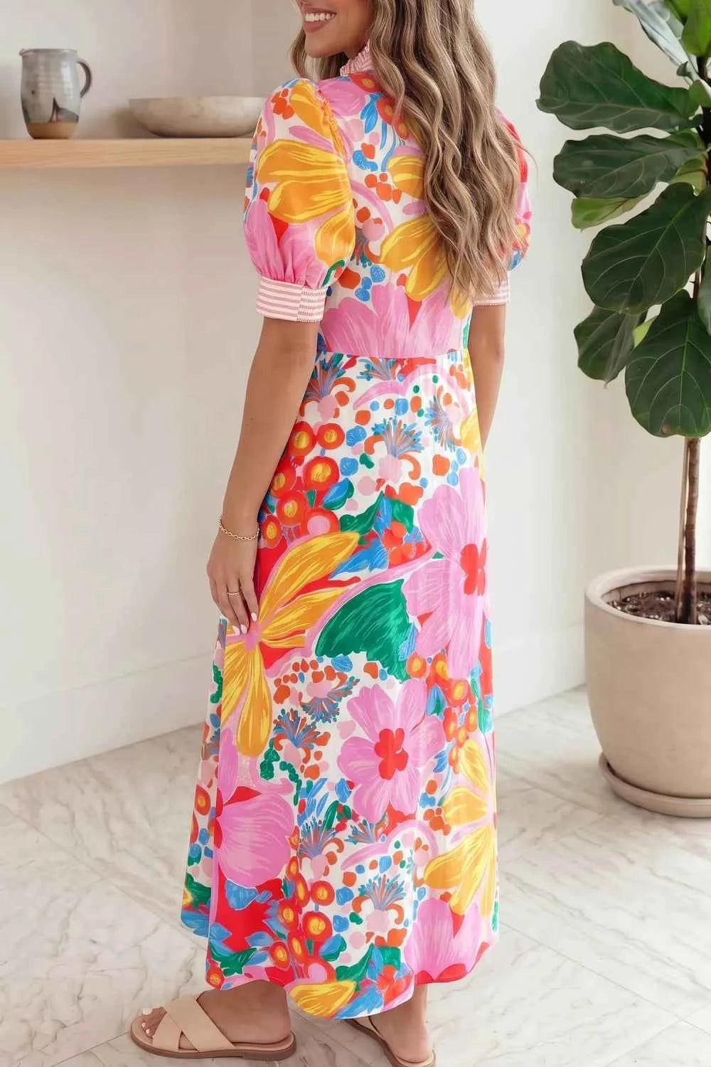 Floral Print Striped Trim Button Down Short Sleeve Maxi Dress