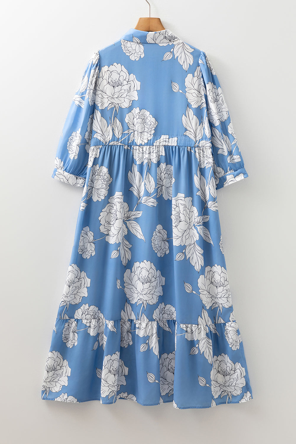 Sky Blue Floral Print Shirt Collar Button Down 3/4 Sleeve Ruffle Hem Long Dress Dear-Lover Dropshipping