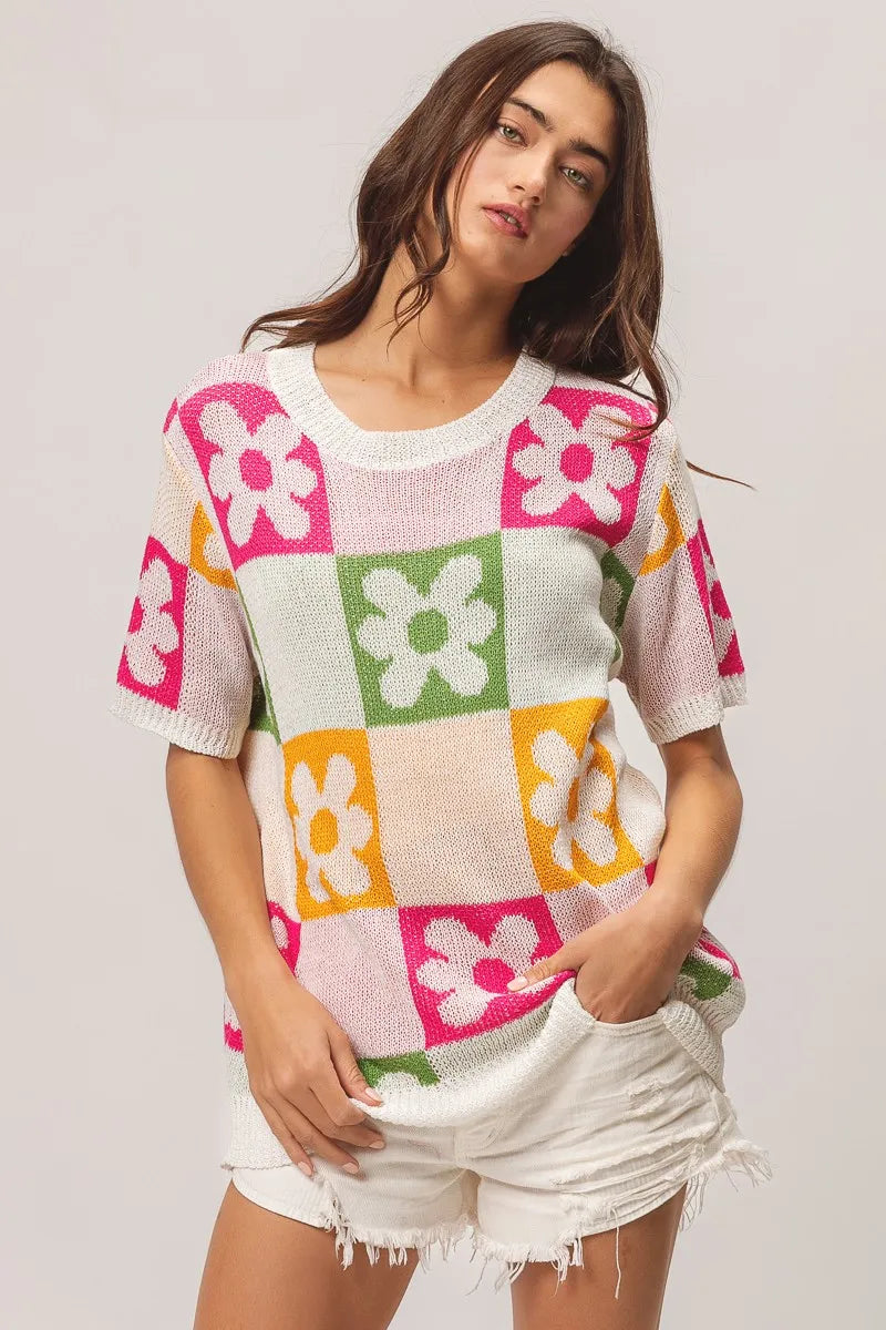Flower Checker Pattern Lightweight Sweater Top.