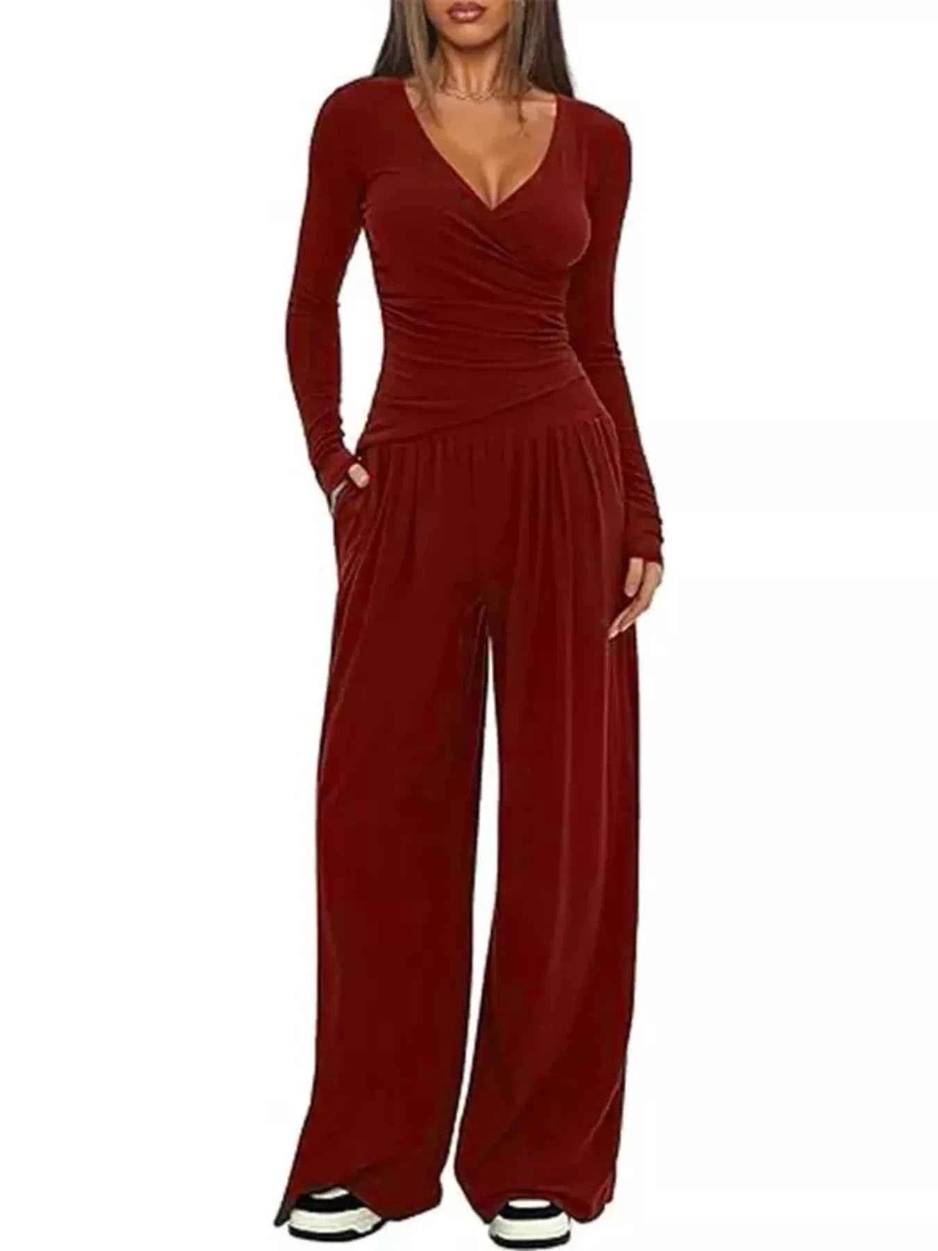 Casual Long Sleeve Top and Wide Leg Pants Set