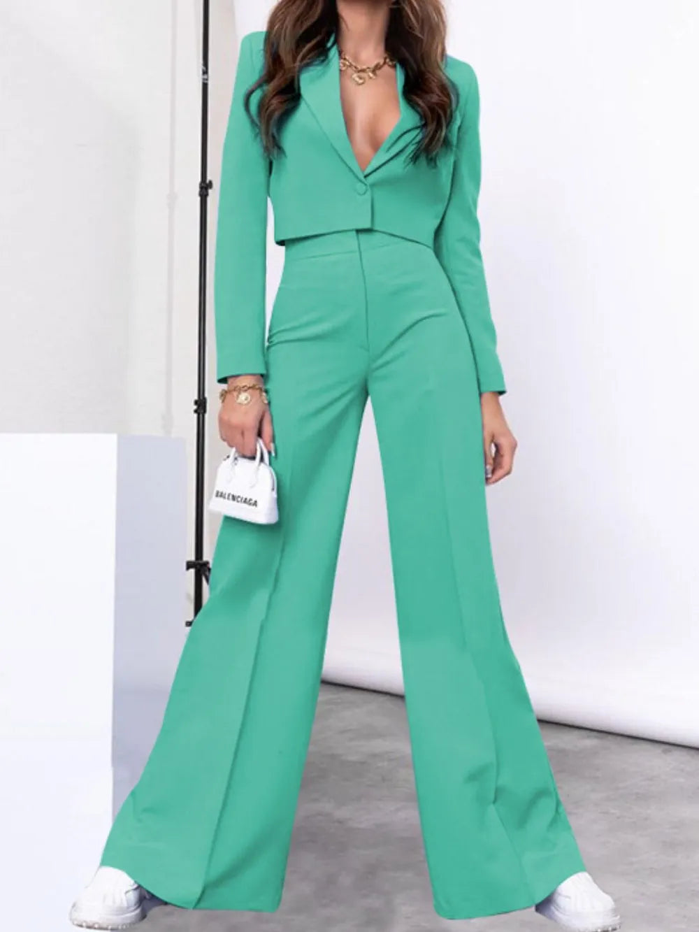 Lapel Collar Cropped Top and Wide Leg Pants Set.