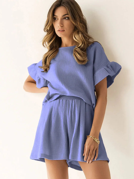 Ruffled Round Neck Top and Shorts Set - CHIC TB